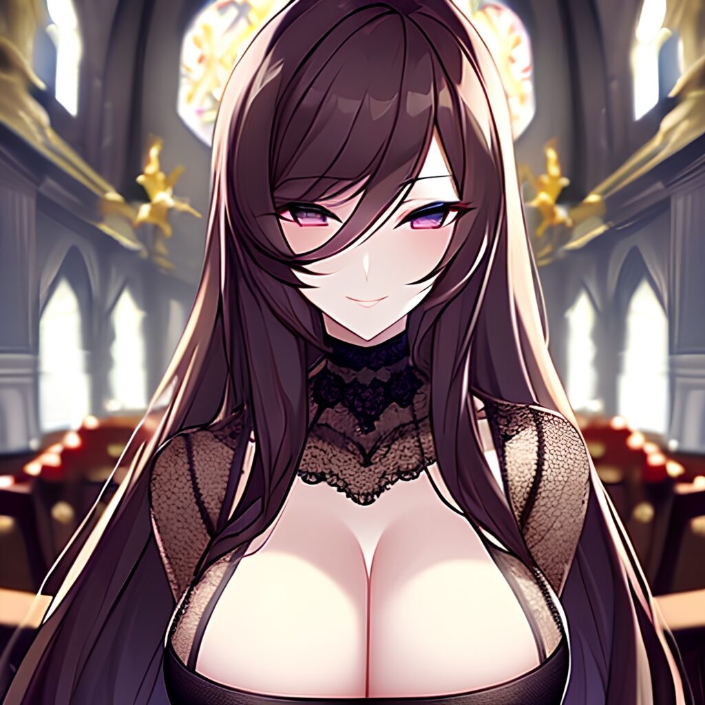 messy hair woman long hair brunette church fishnet 