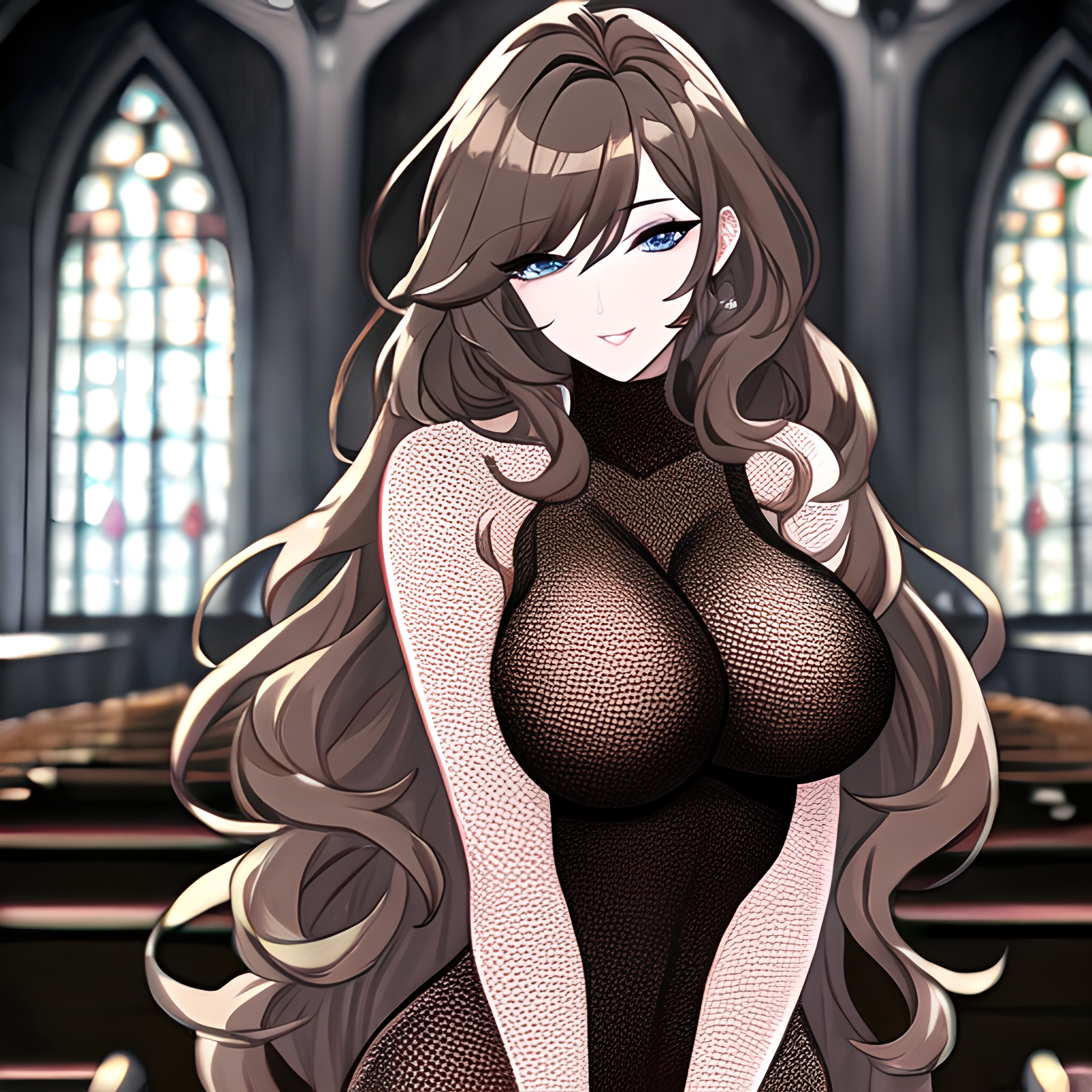 messy hair woman long hair brunette fishnet church 