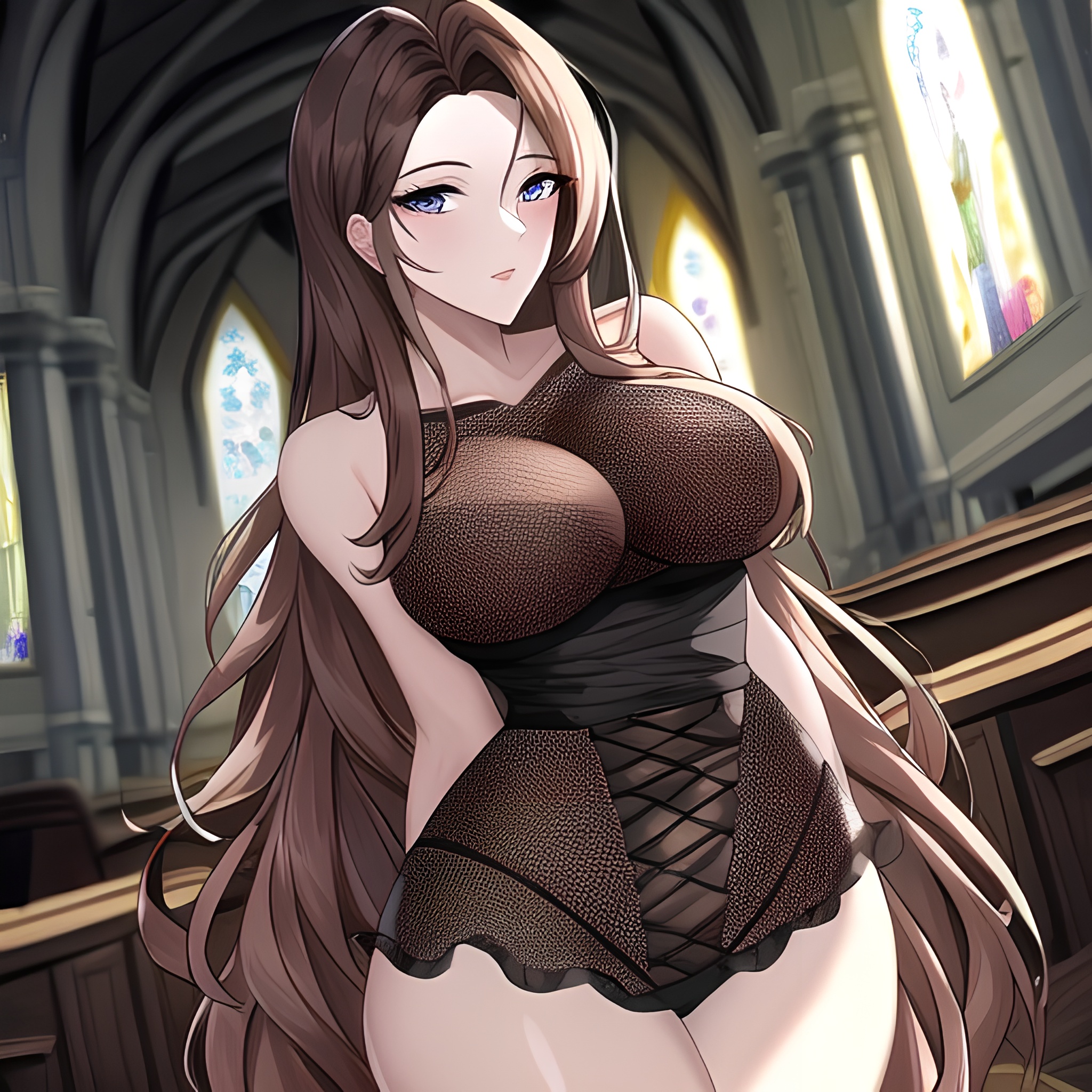 messy hair woman long hair brunette fishnet church 