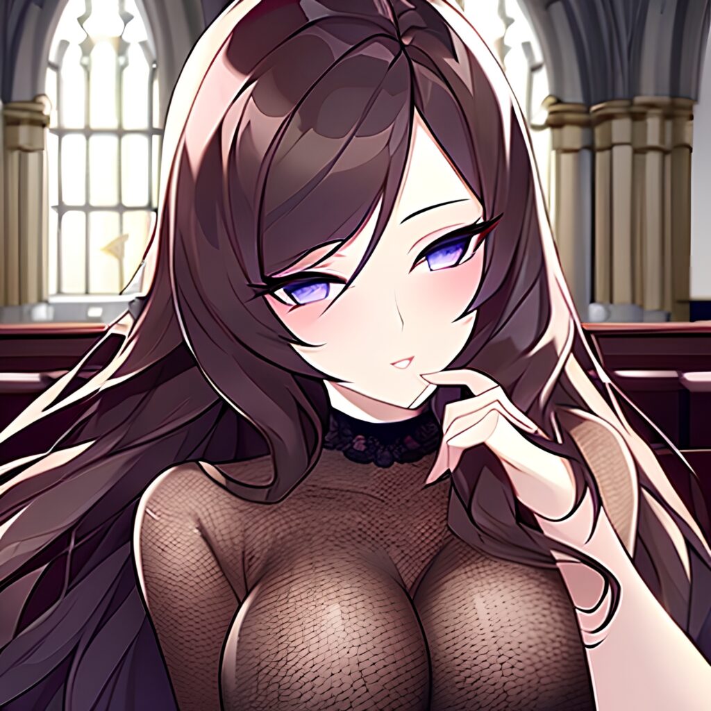 messy hair woman long hair church brunette fishnet 