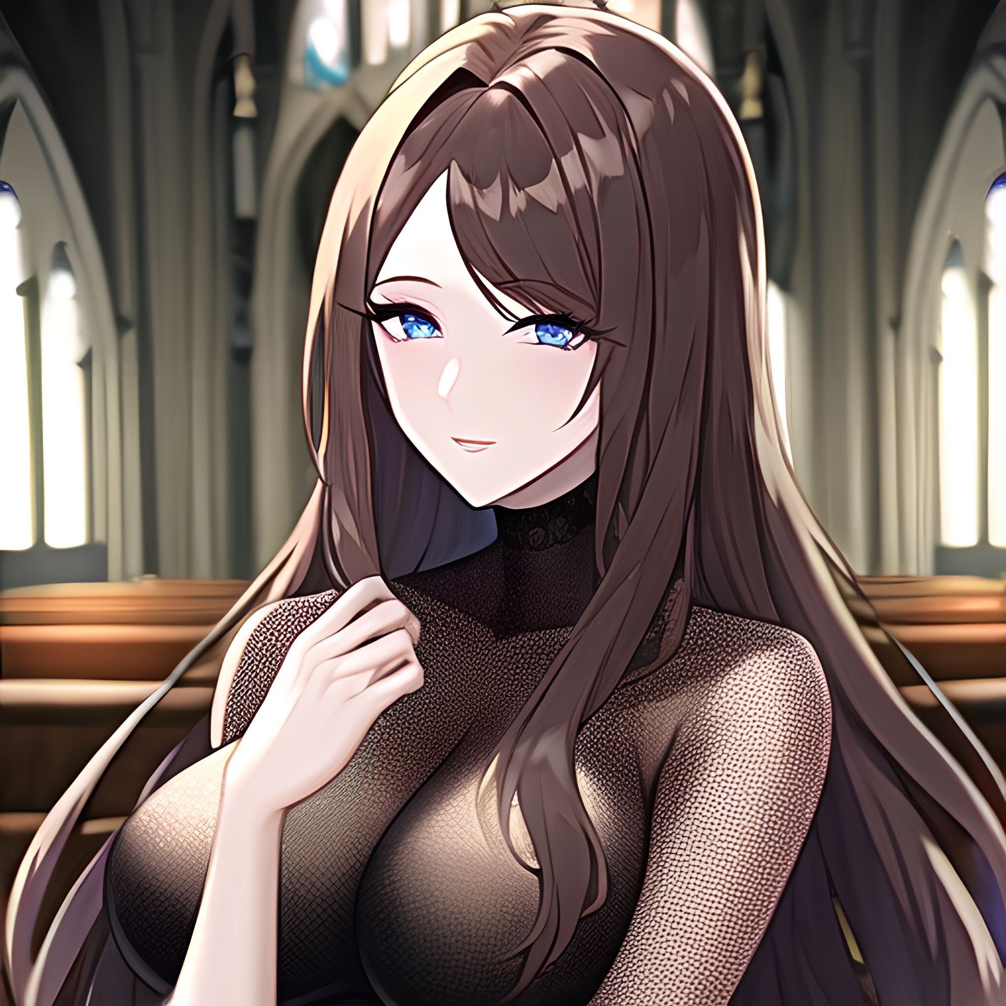 messy hair woman long hair church brunette fishnet