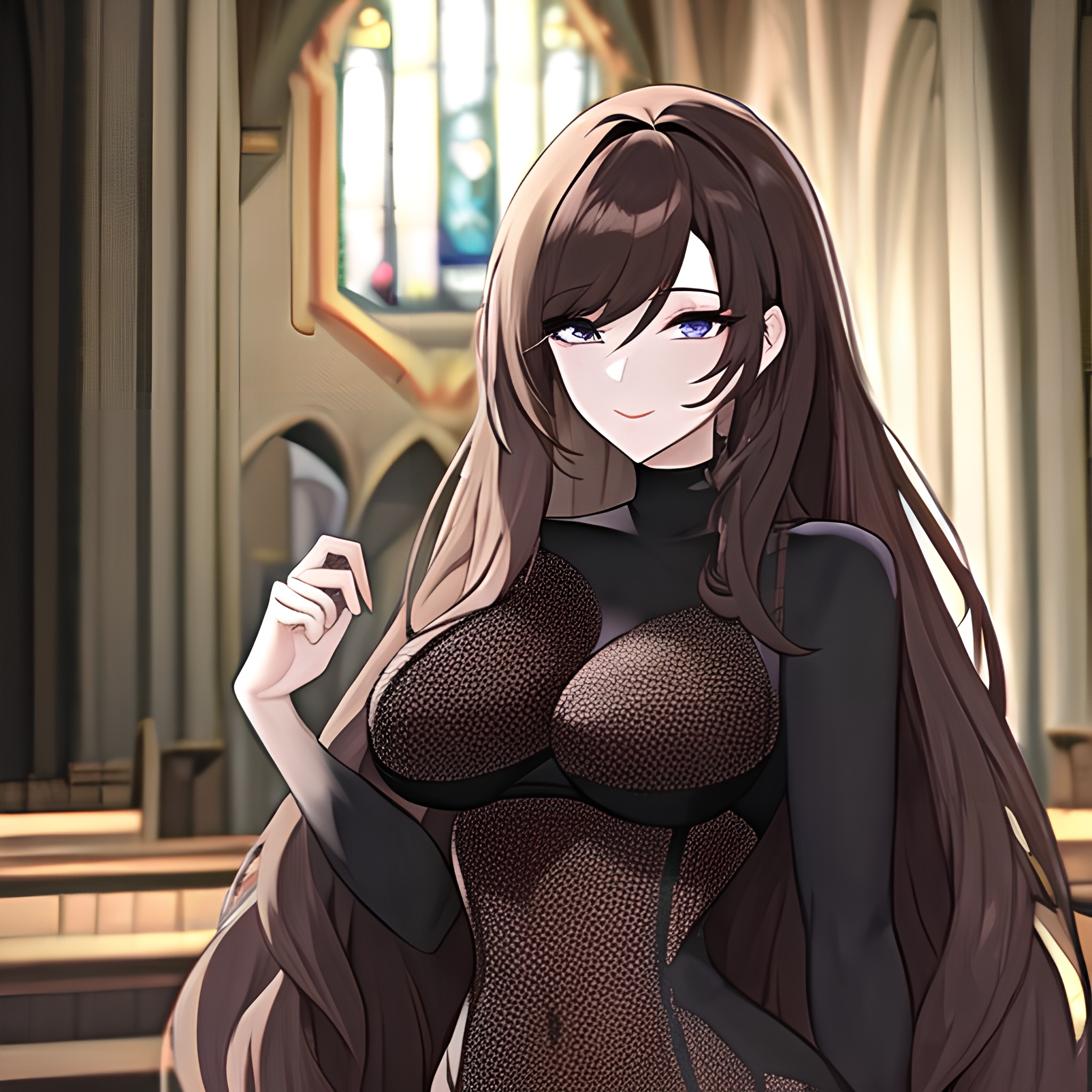 messy hair woman long hair church brunette fishnet 