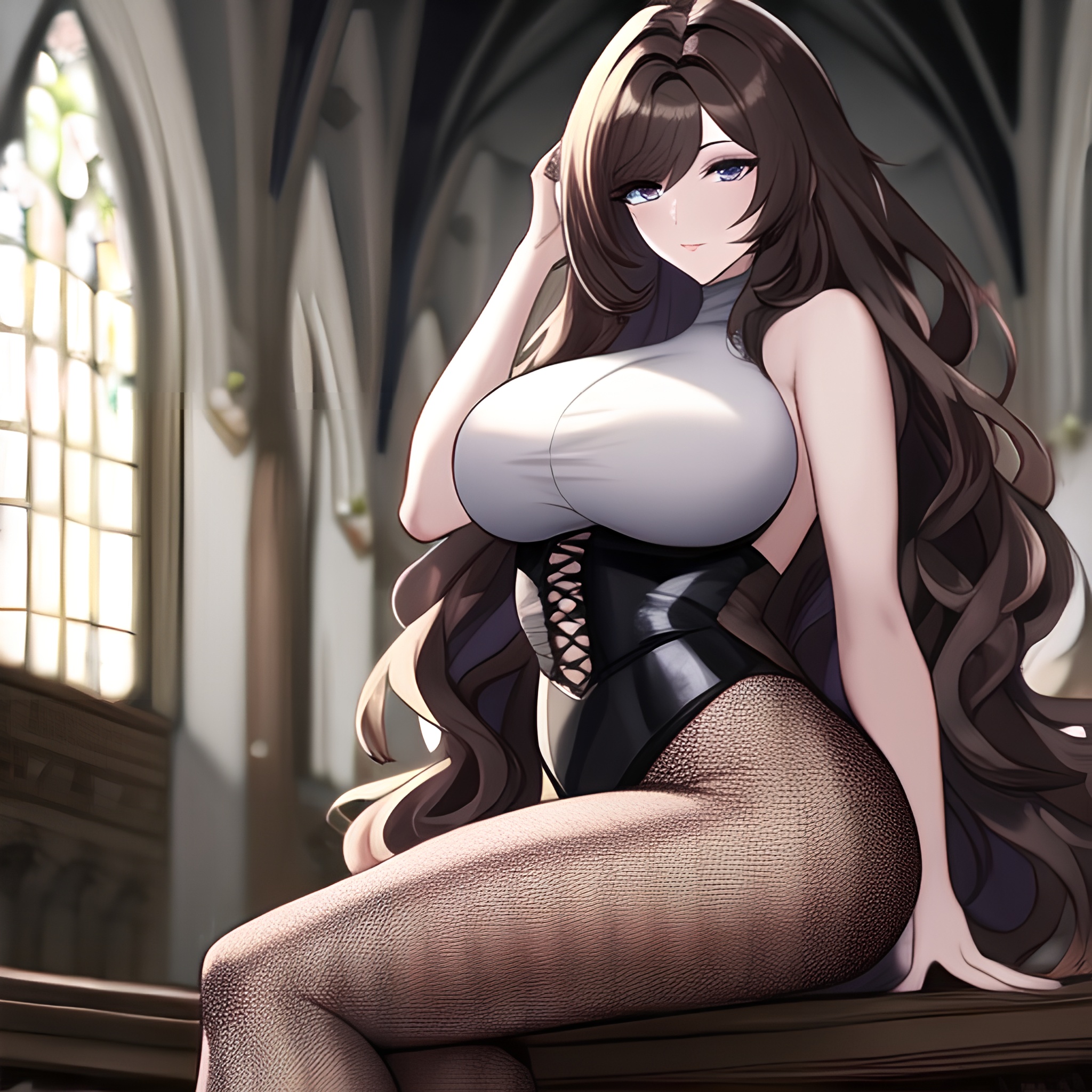 messy hair woman long hair church fishnet brunette 