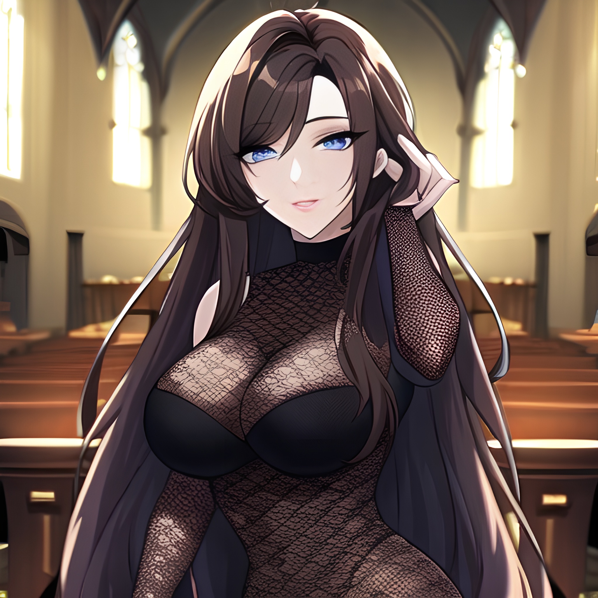 messy hair woman long hair church fishnet brunette 