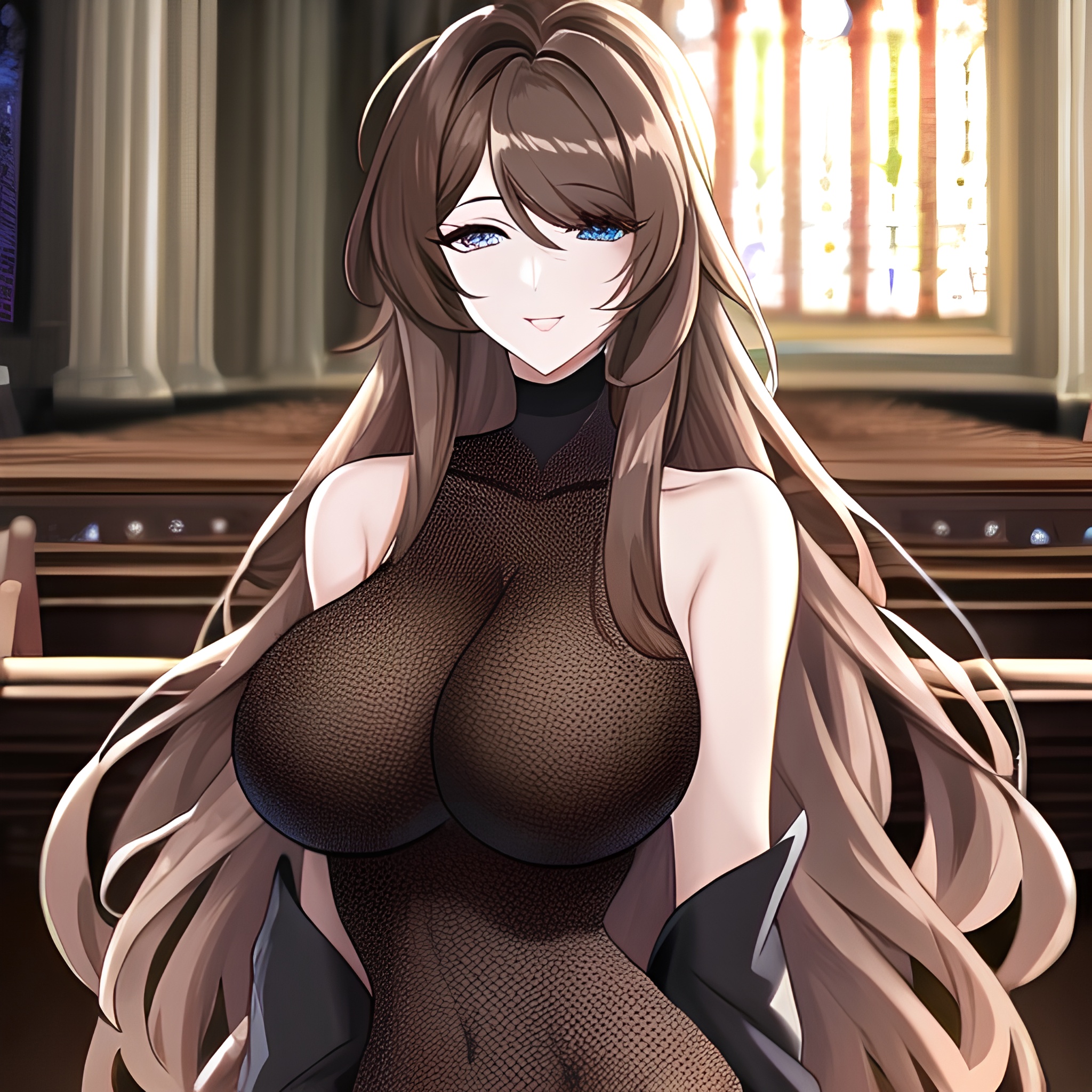 messy hair woman long hair church fishnet brunette 