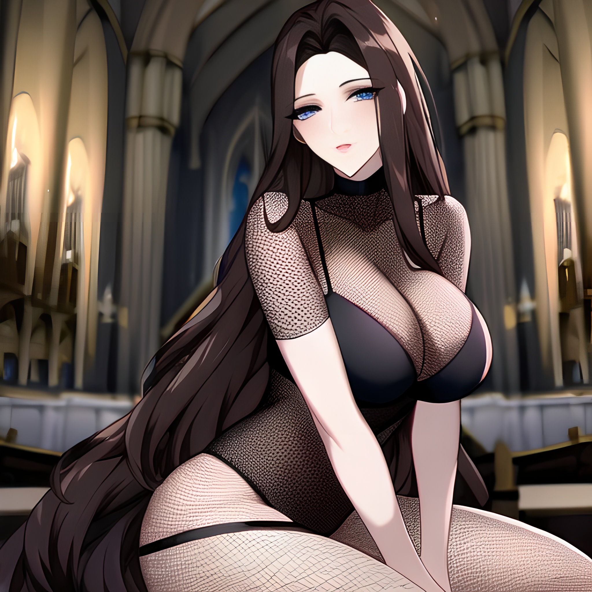 messy hair woman long hair fishnet brunette church 
