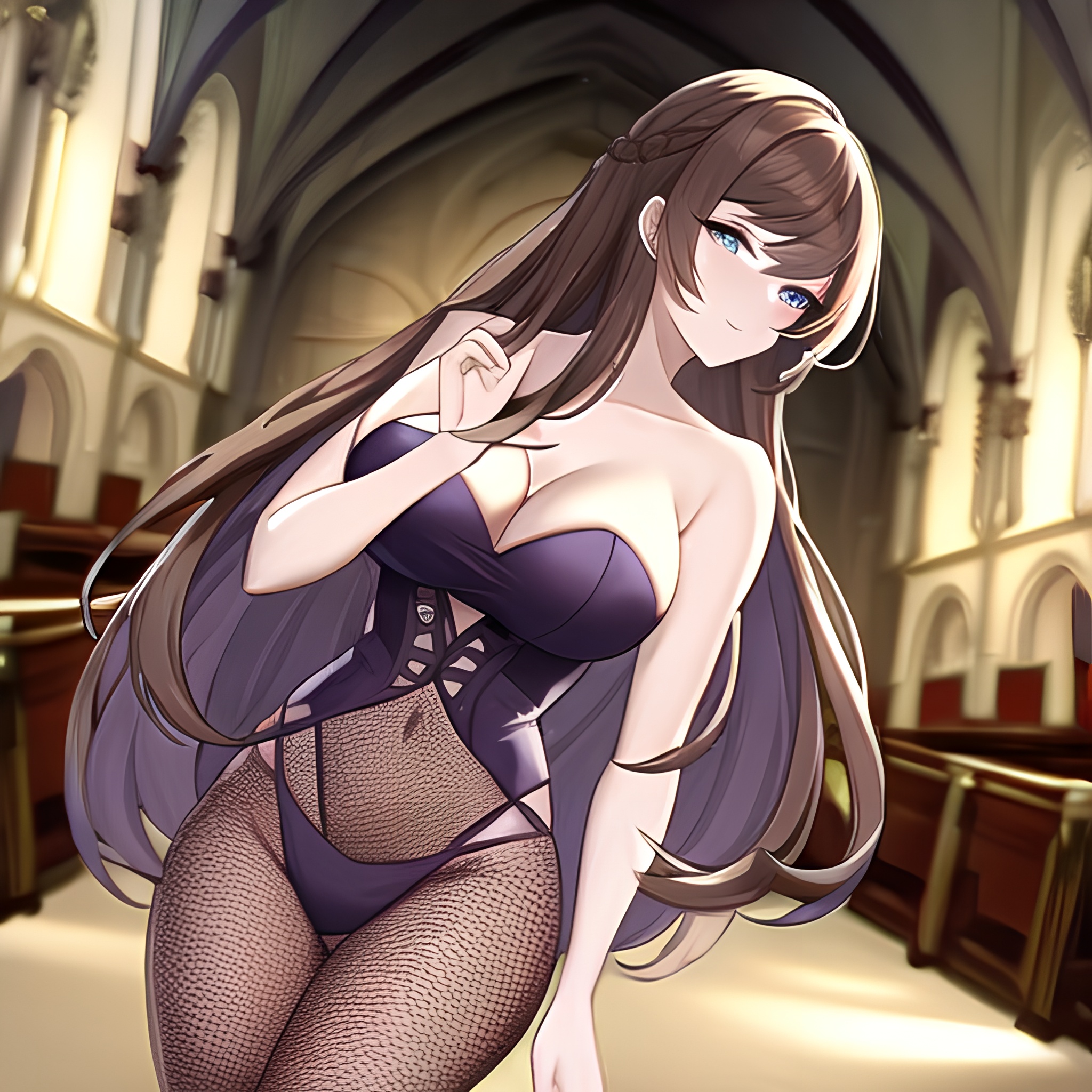 messy hair woman long hair fishnet brunette church 