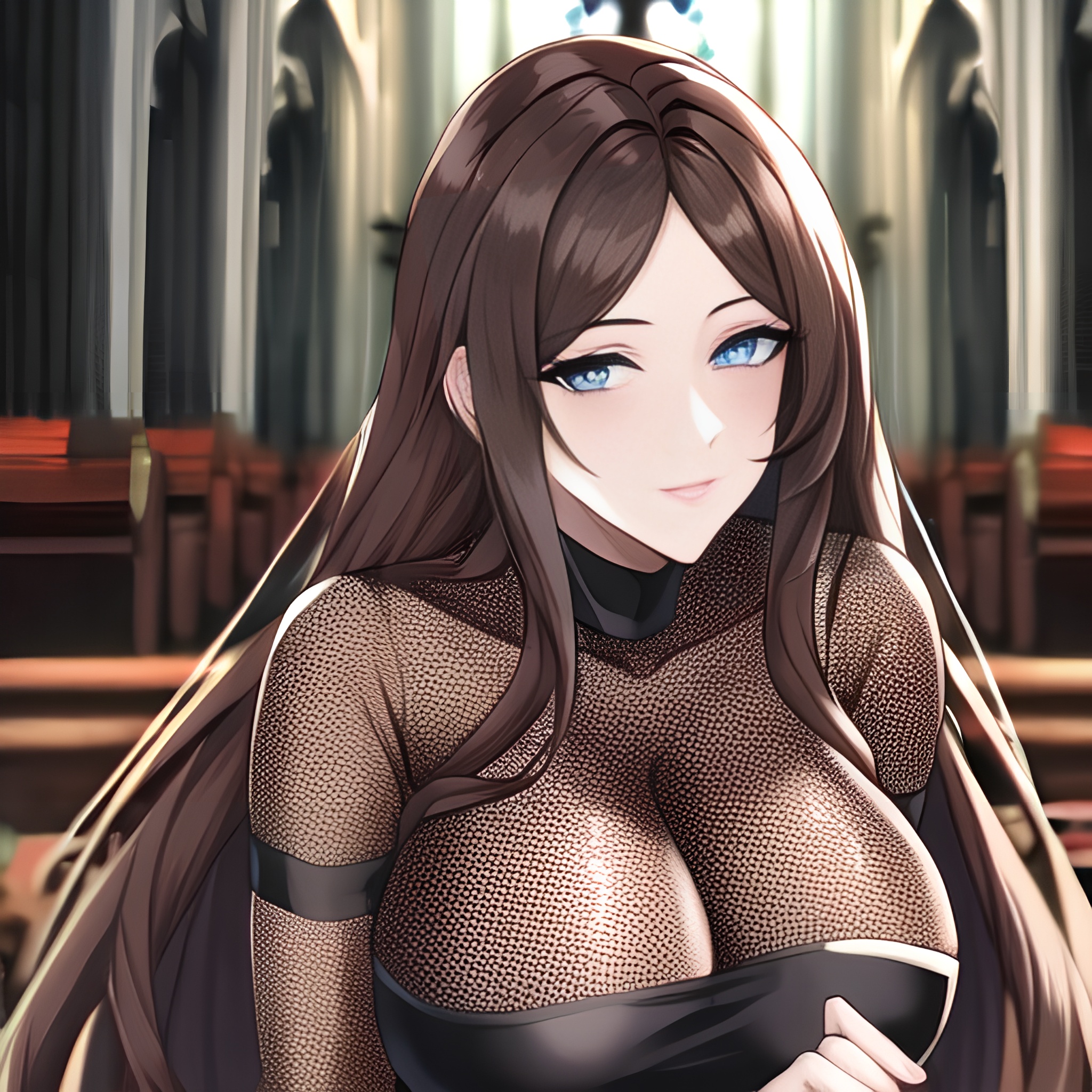 messy hair woman long hair fishnet church brunette 