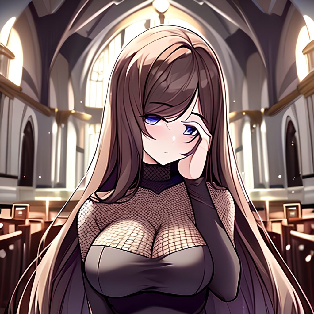 messy hair woman long hair fishnet church brunette 