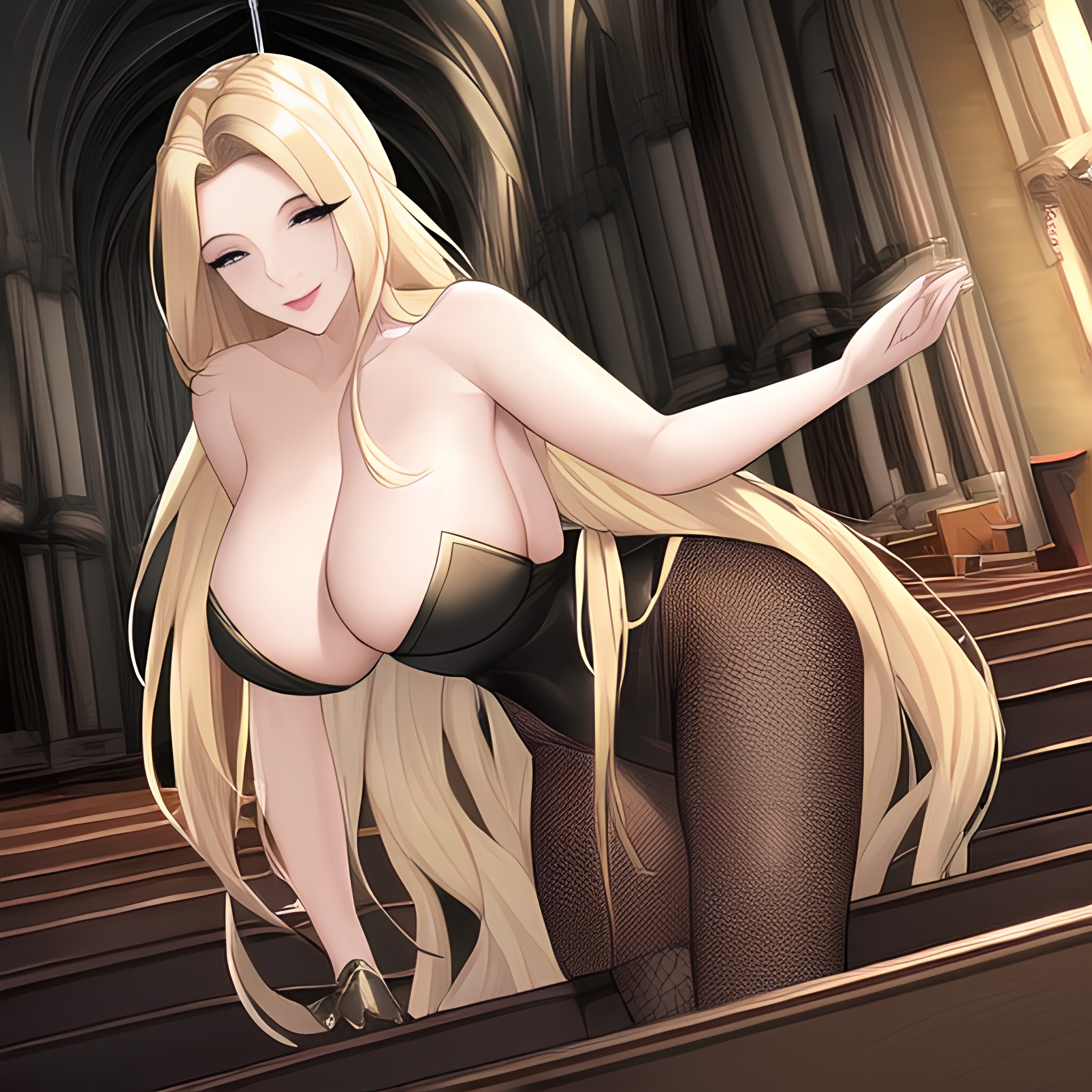 nude blonde fishnet long hair woman church small boobs front view 