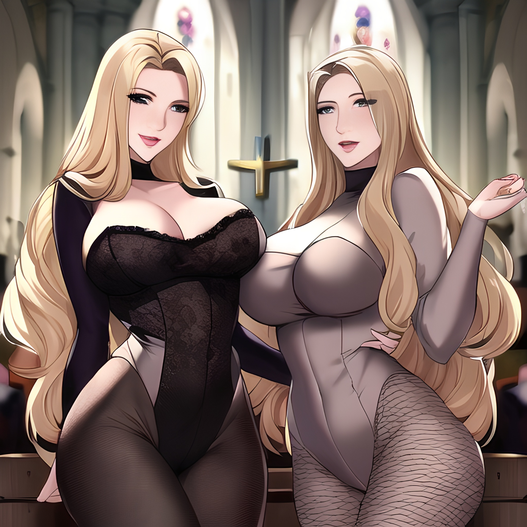 nude blonde fishnet woman front view long hair church small boobs 