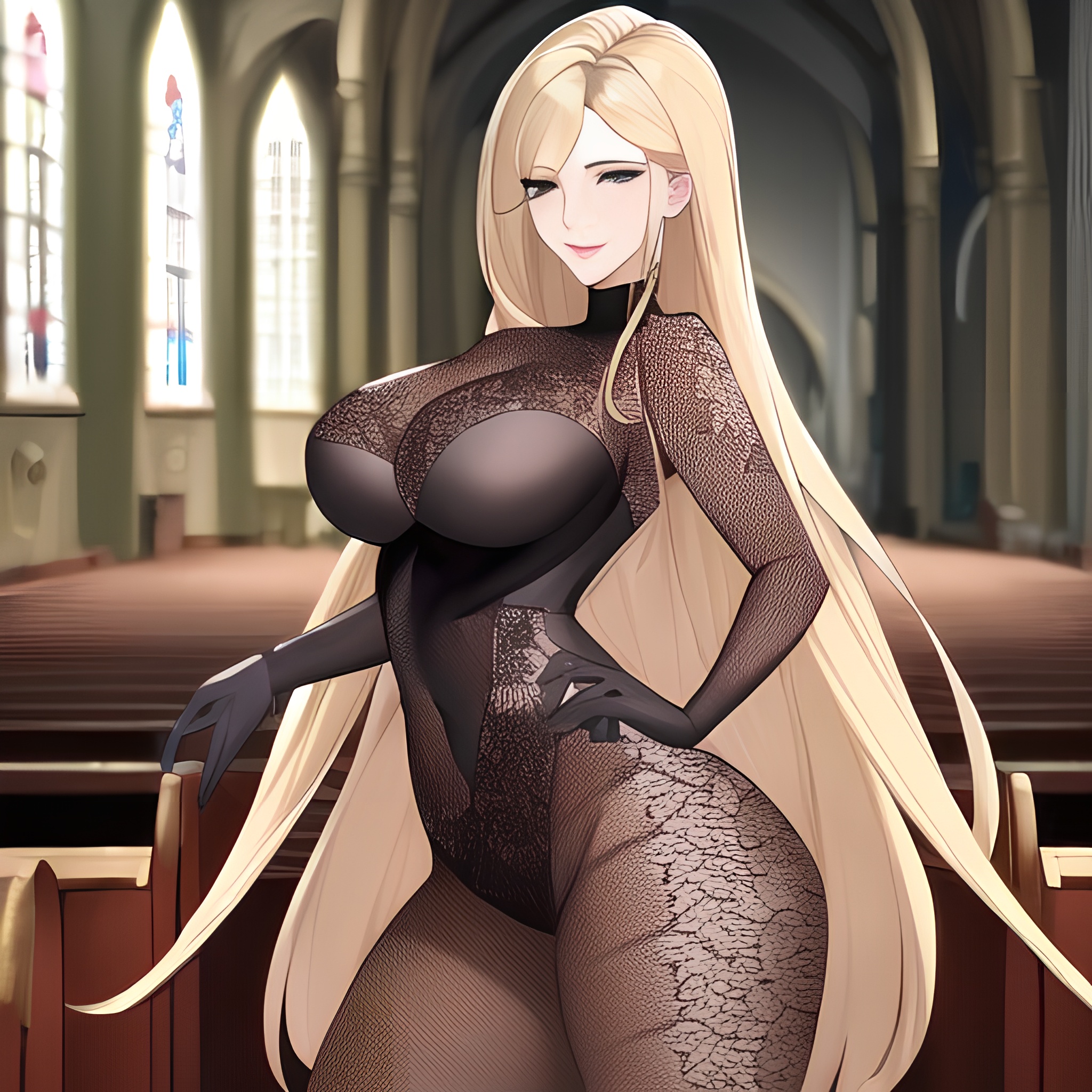 nude blonde front view woman long hair small boobs church fishnet 
