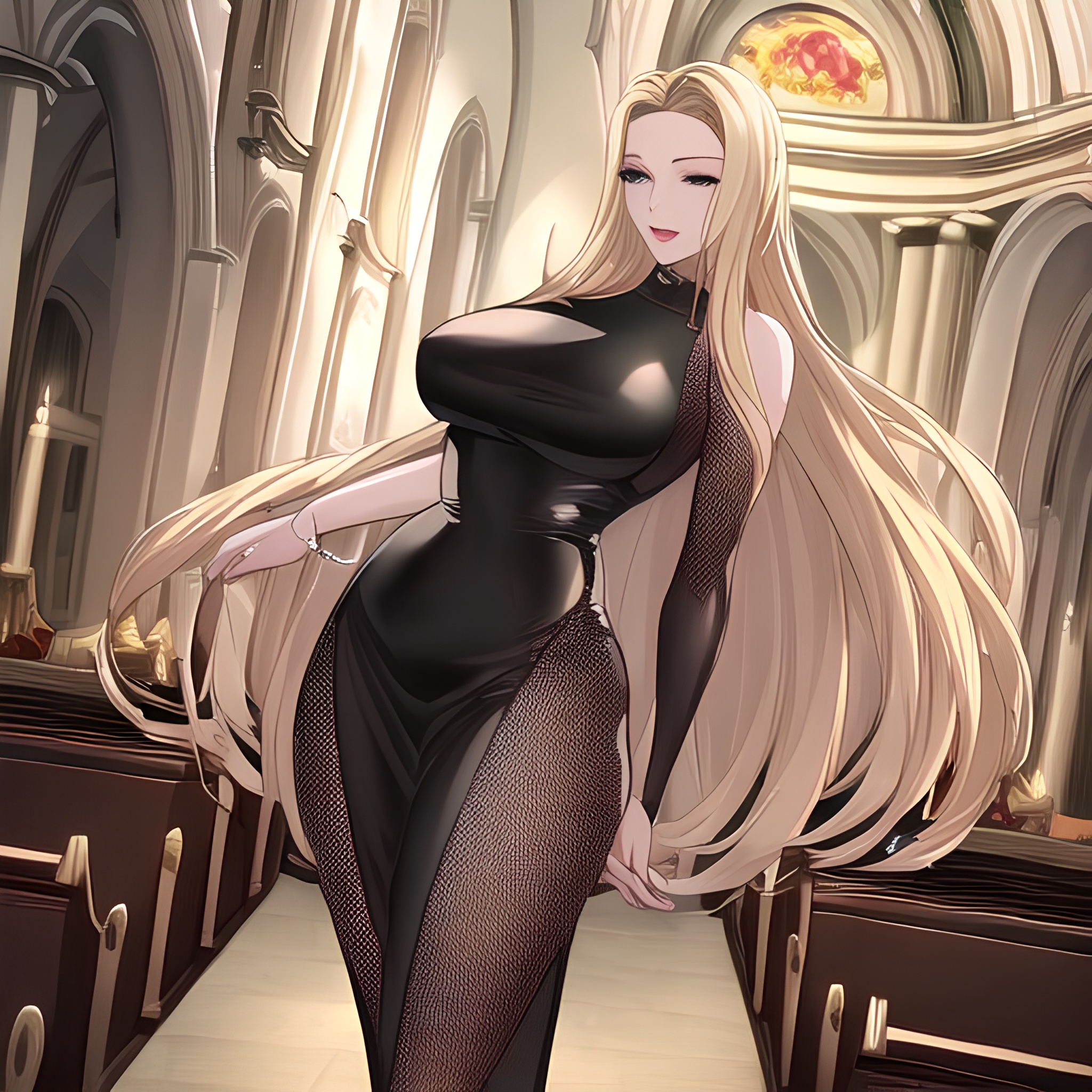 nude blonde long hair front view woman church fishnet small boobs 