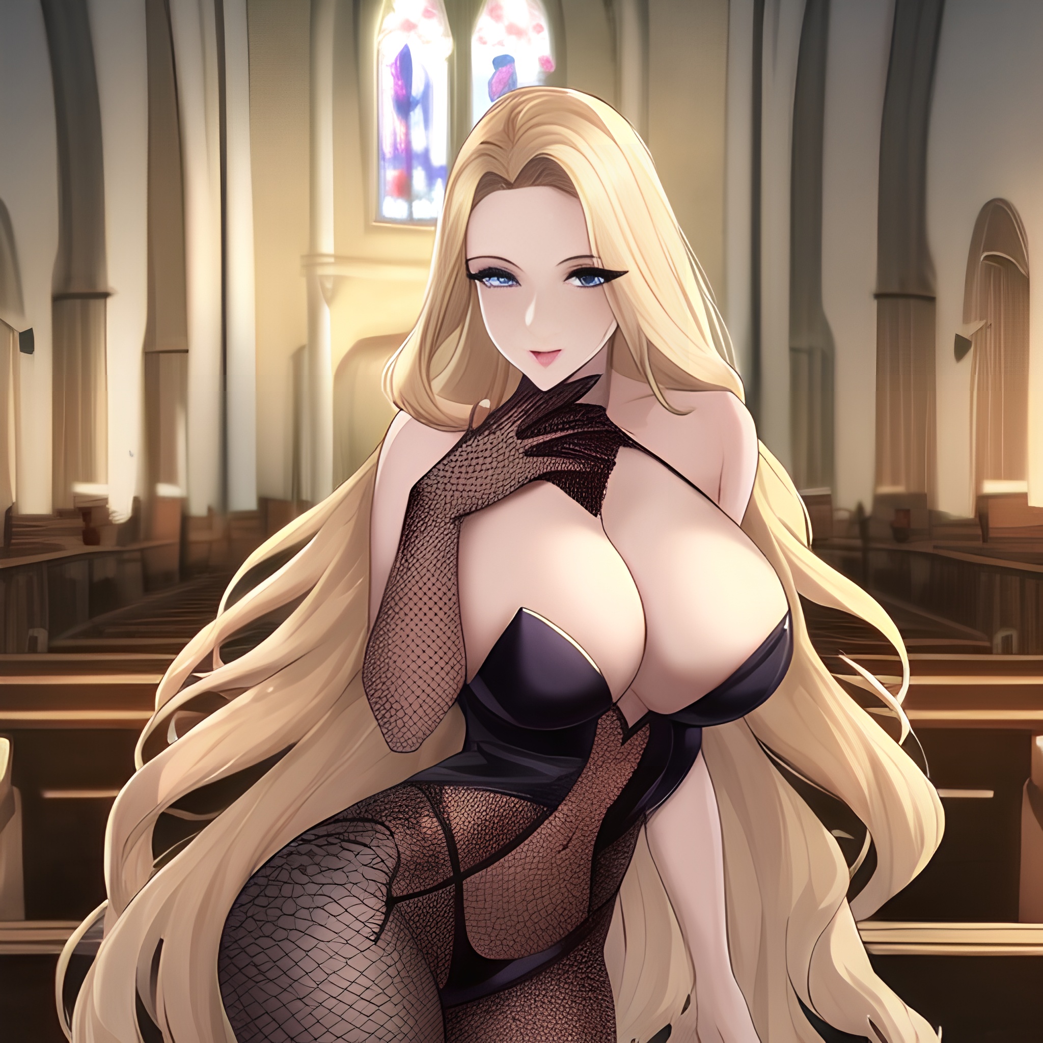 nude blonde long hair woman small boobs fishnet church front view 