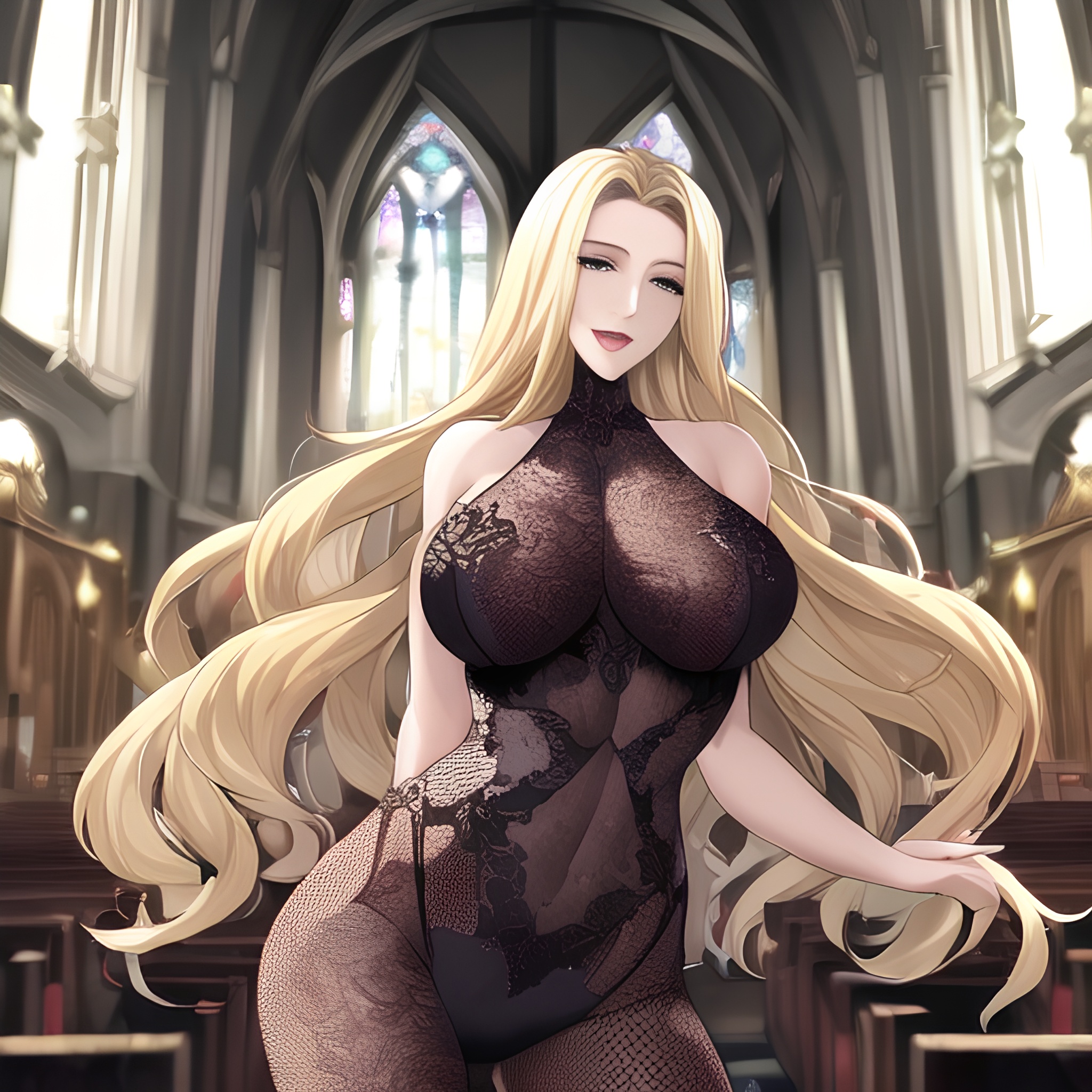 nude blonde small boobs fishnet woman front view church long hair