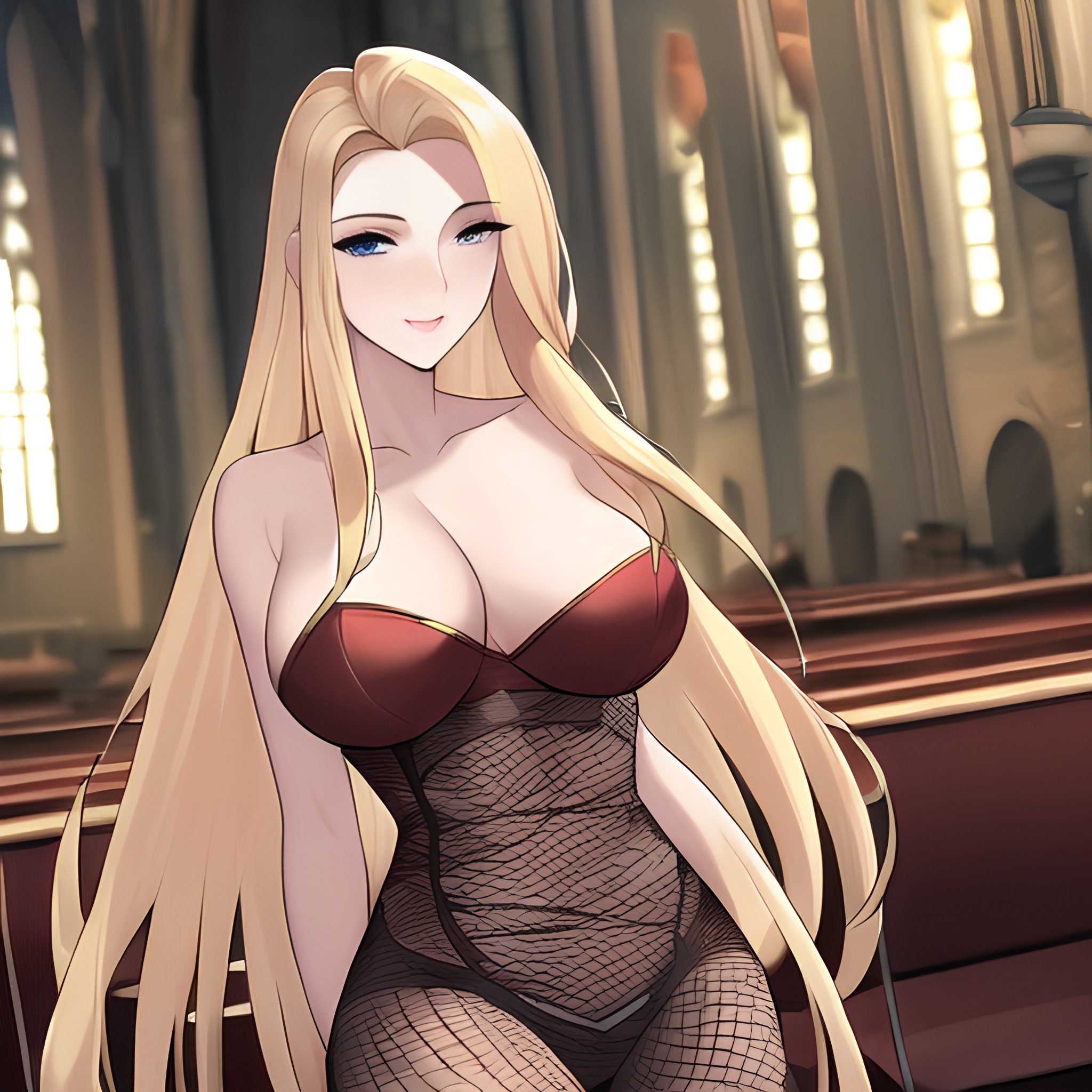 nude blonde woman fishnet church long hair small boobs front view 