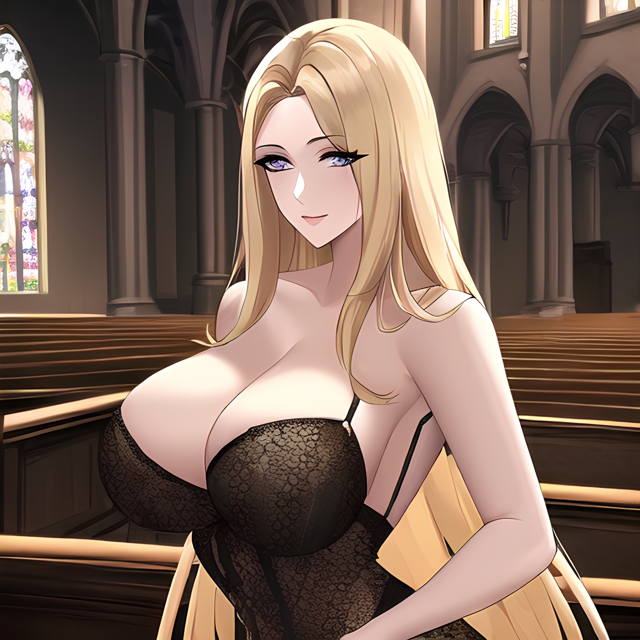 nude blonde woman long hair fishnet church small boobs front view 