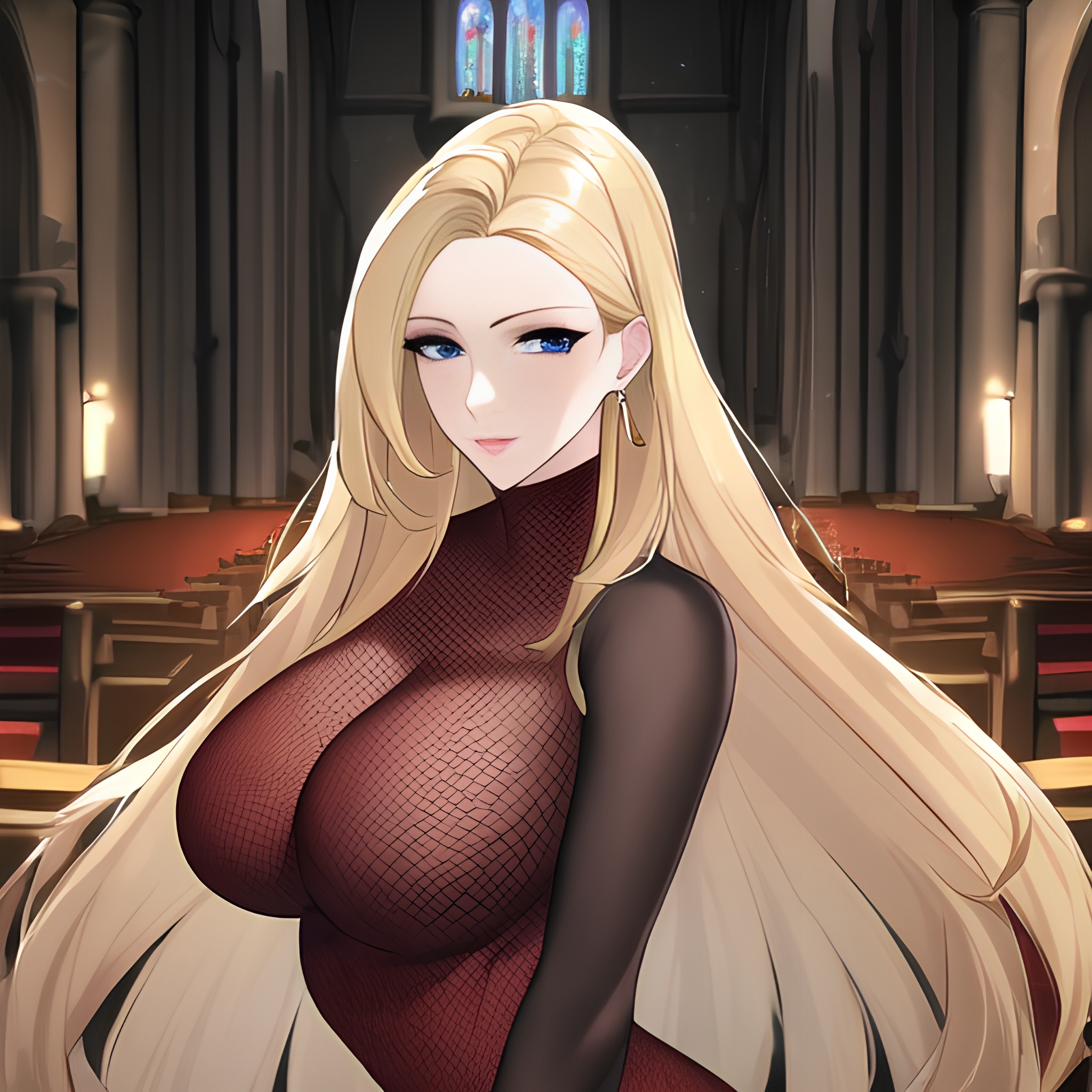 nude blonde woman long hair front view fishnet church small boobs 