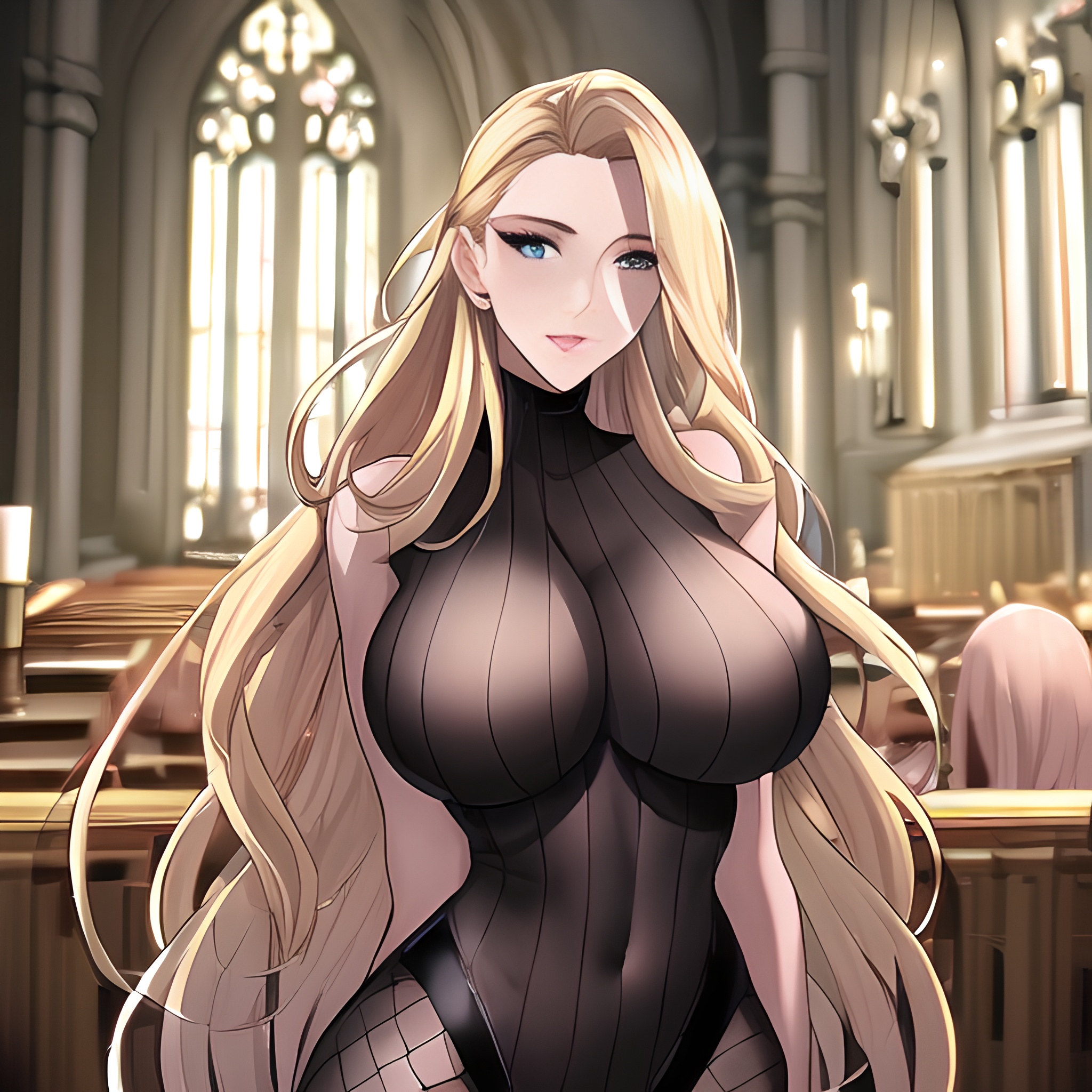 nude church fishnet woman small boobs front view long hair blonde