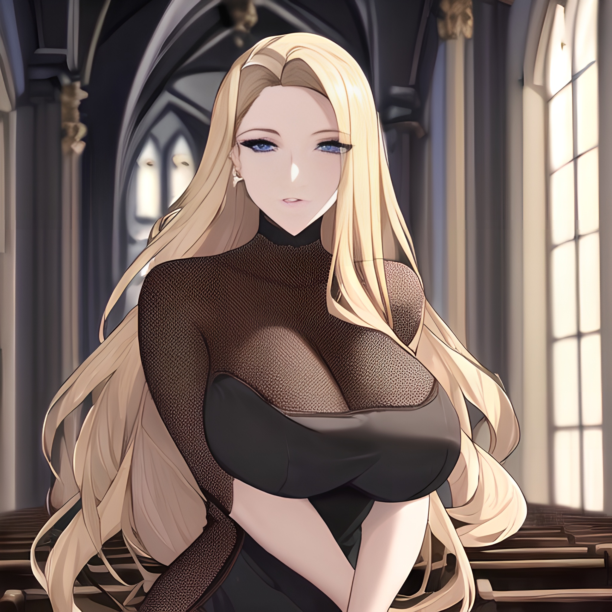 nude church fishnet woman small boobs long hair blonde front view