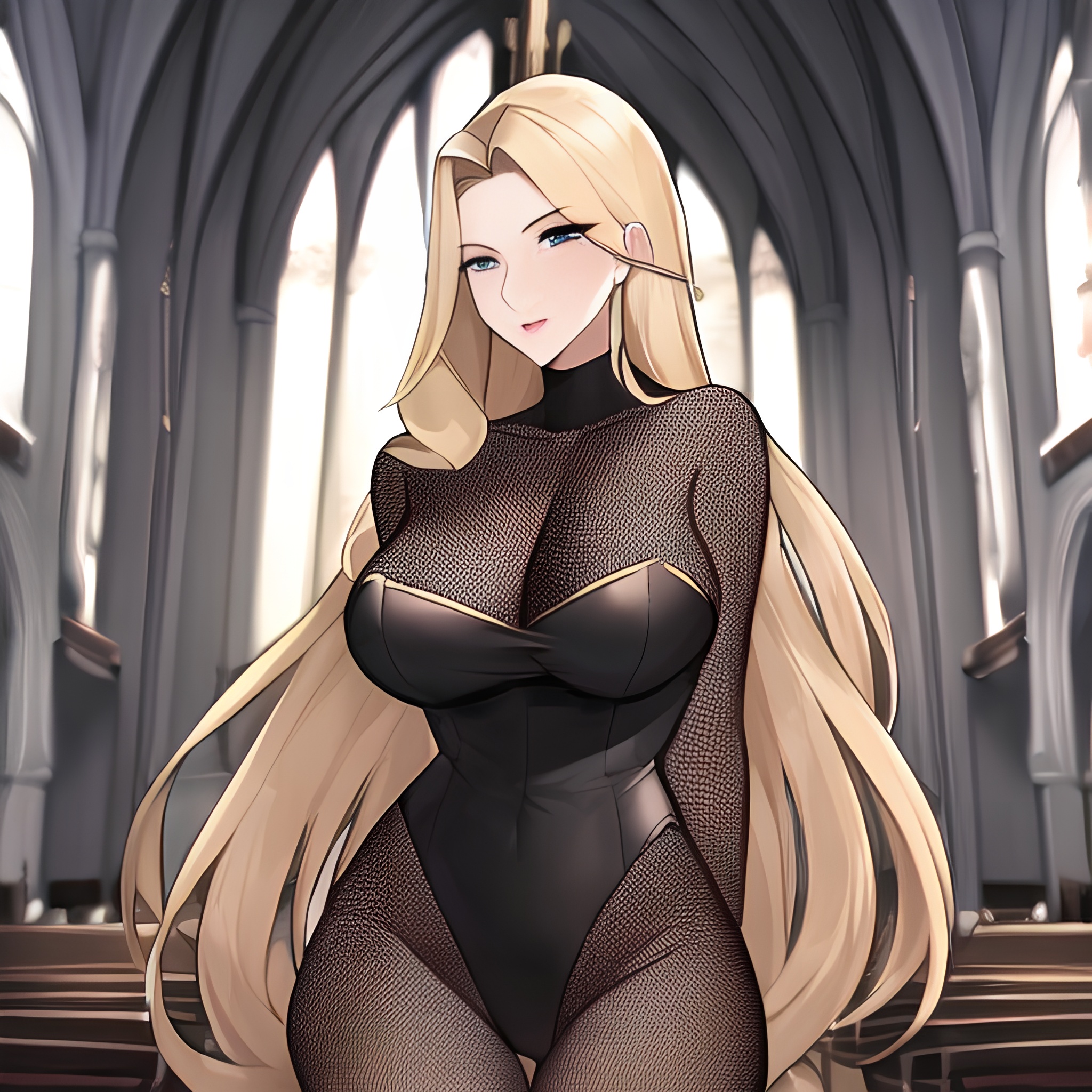 nude church front view fishnet woman small boobs long hair blonde 