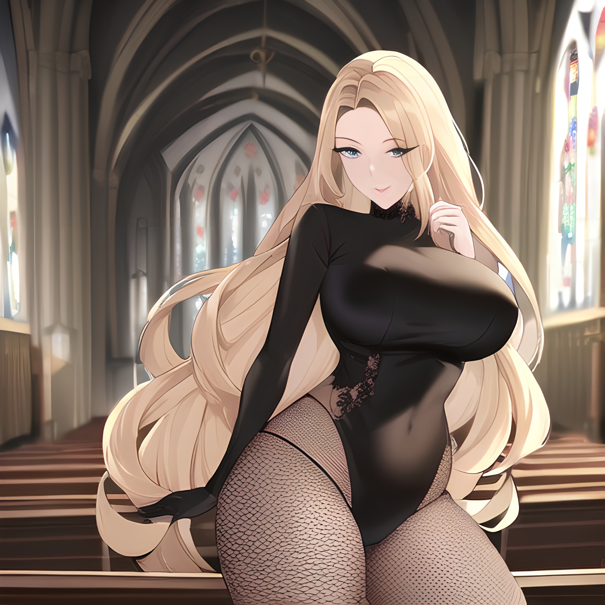 nude church front view woman blonde small boobs fishnet long hair
