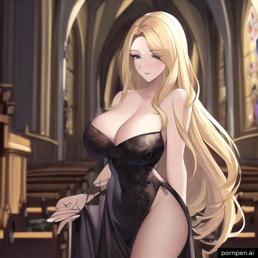 nude church front view woman small boobs long hair blonde fishnet 