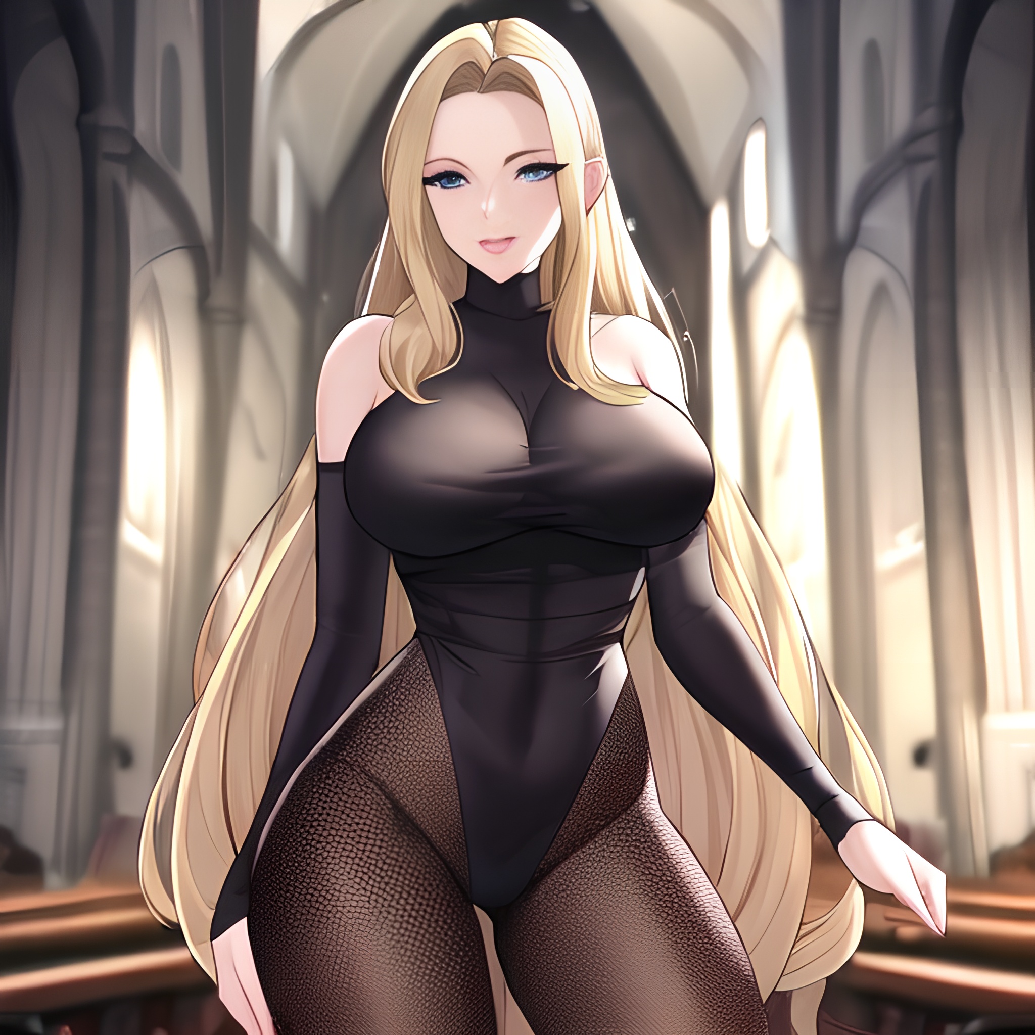 nude church long hair blonde woman fishnet front view small boobs 