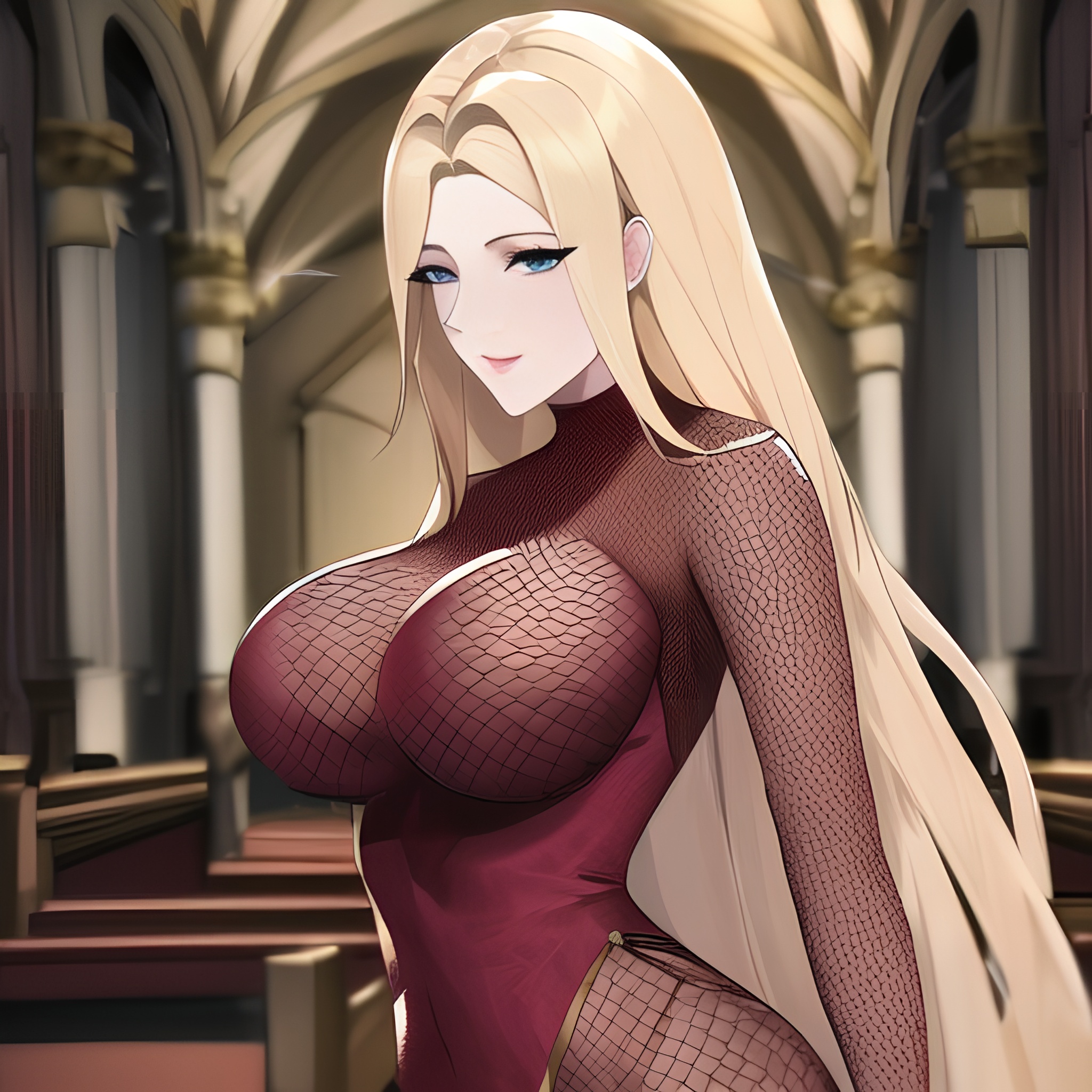 nude church long hair front view woman blonde fishnet small boobs 