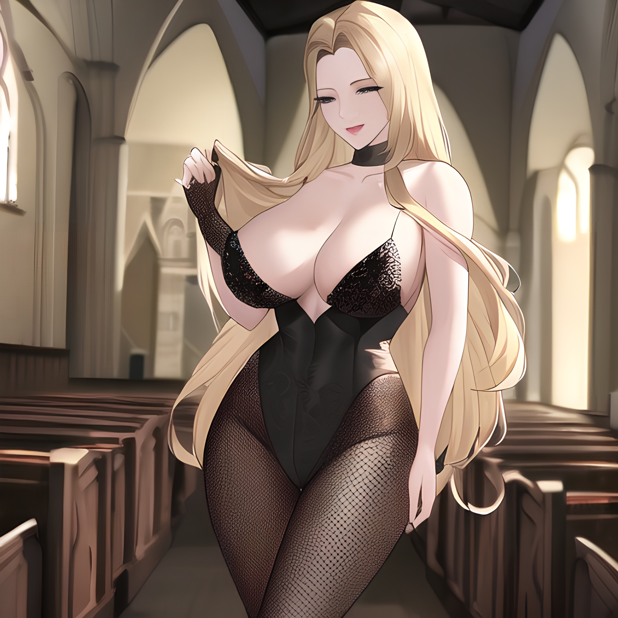 nude church small boobs long hair woman blonde front view fishnet 