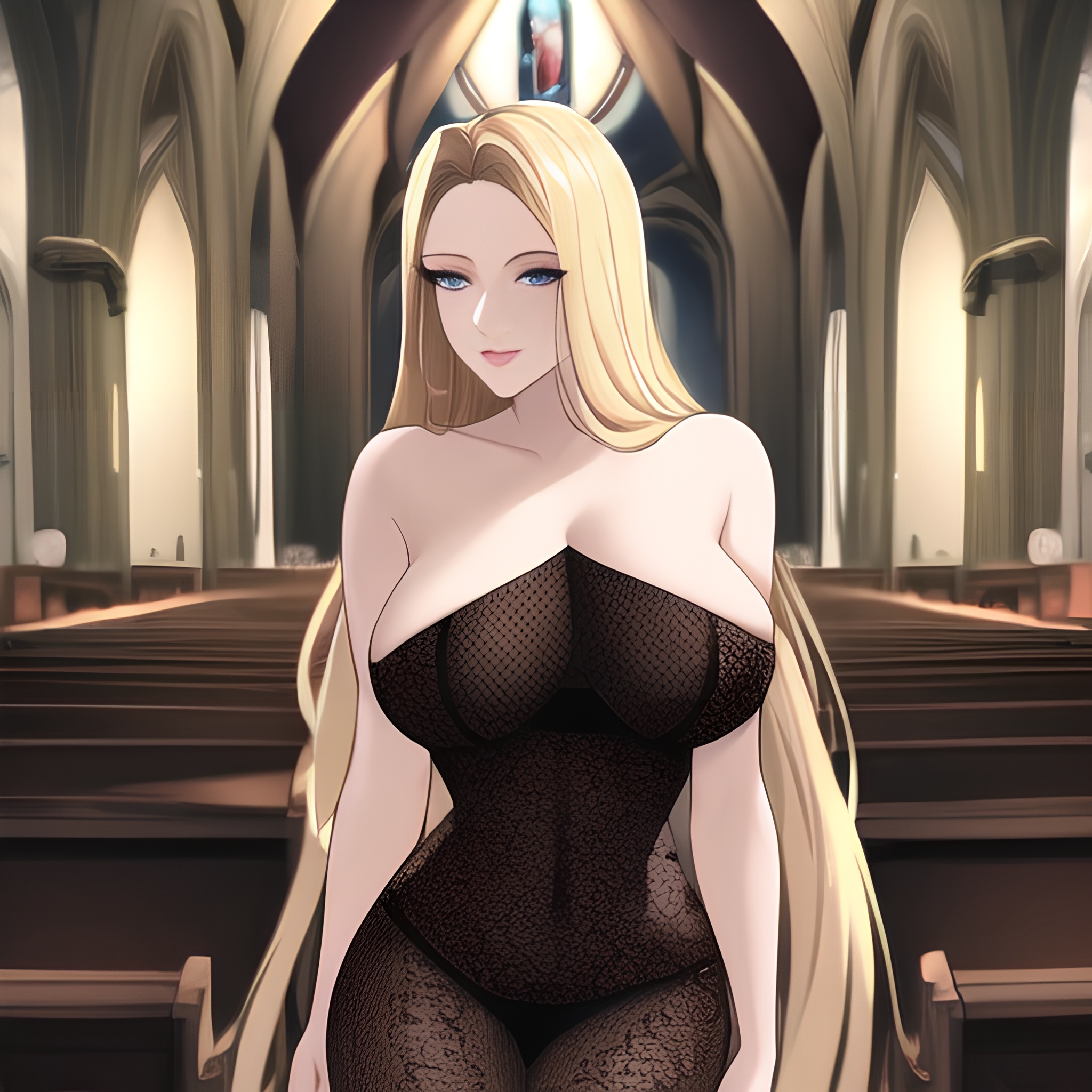 nude church small boobs woman front view long hair fishnet blonde 