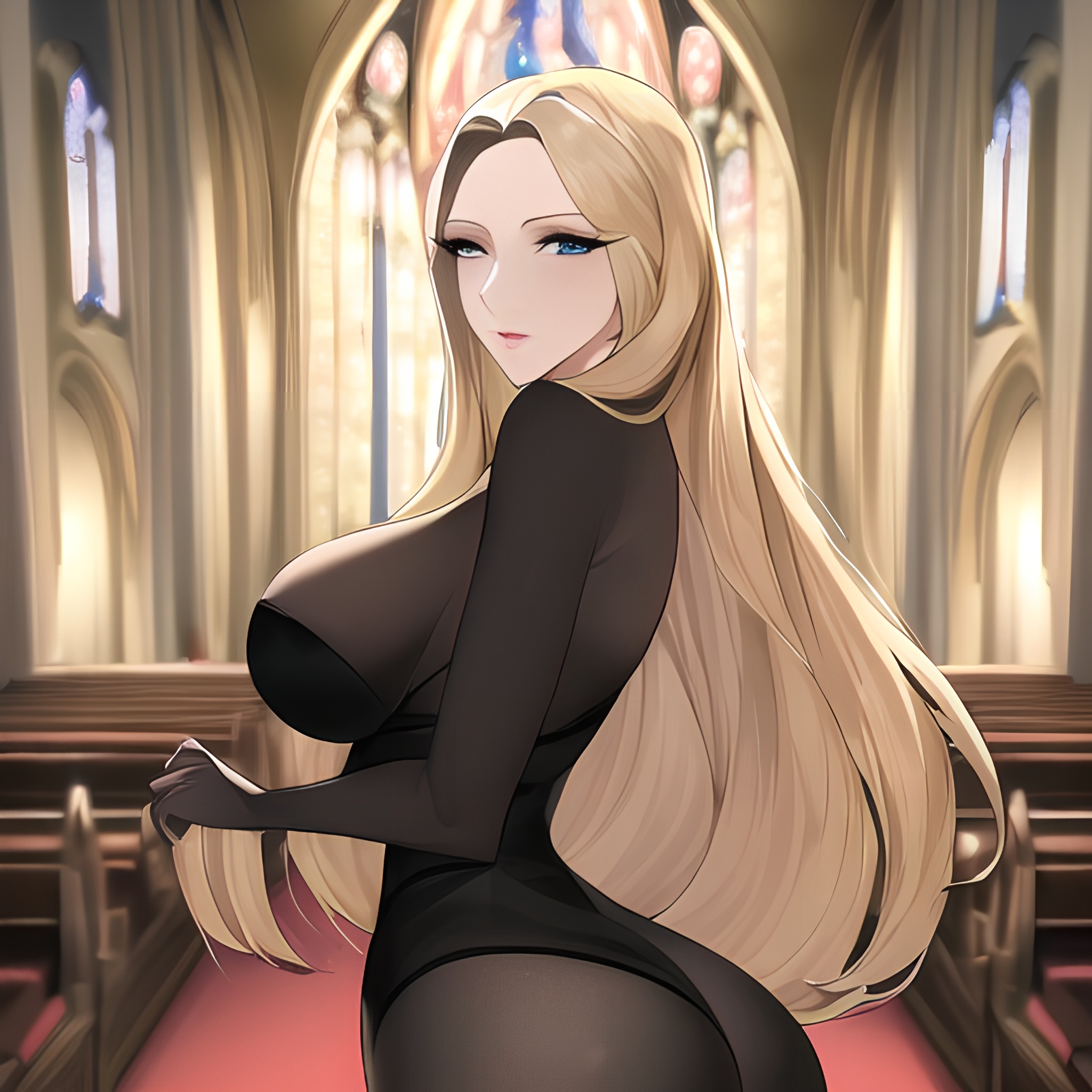 nude church woman fishnet blonde front view small boobs long hair 