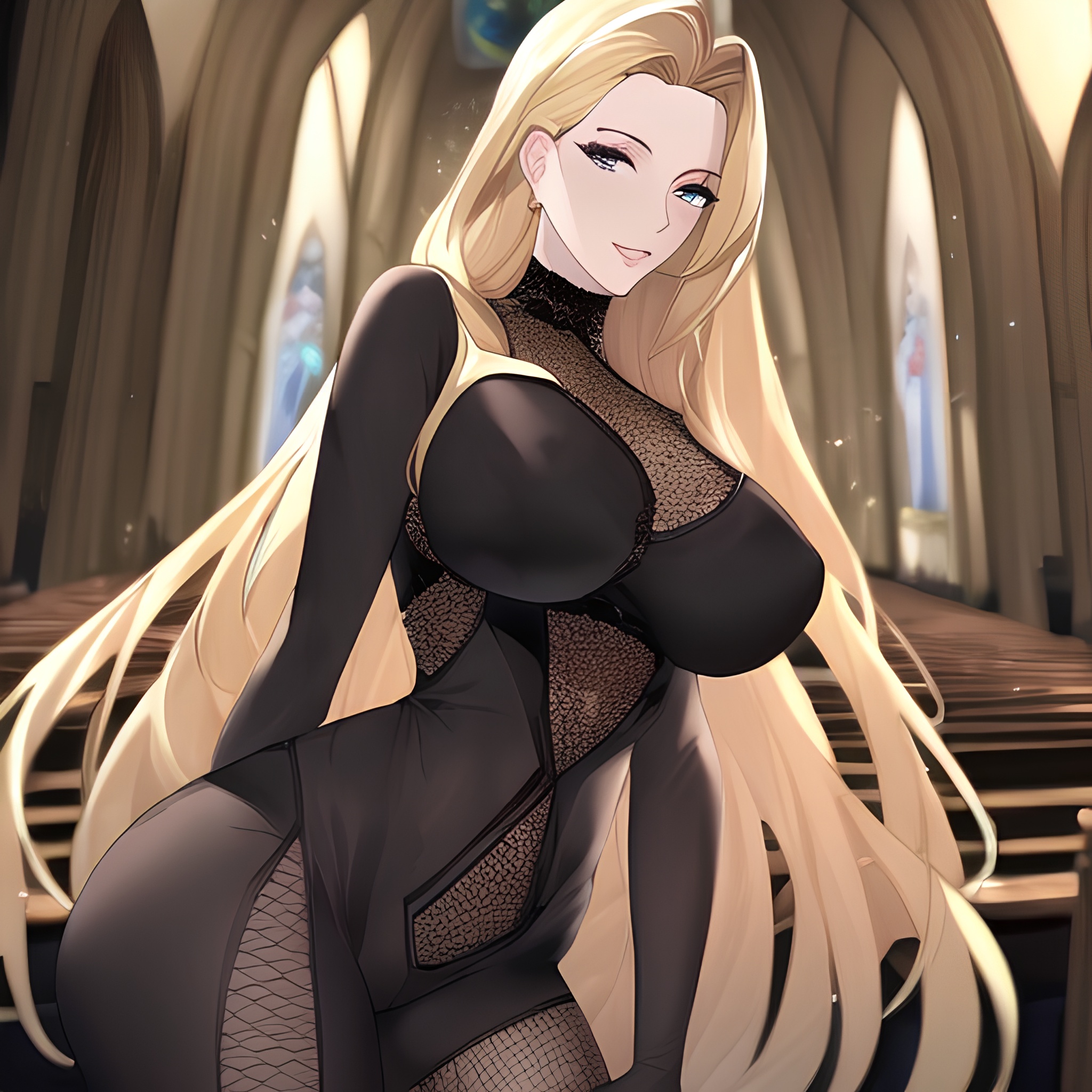 nude church woman long hair fishnet blonde small boobs front view 