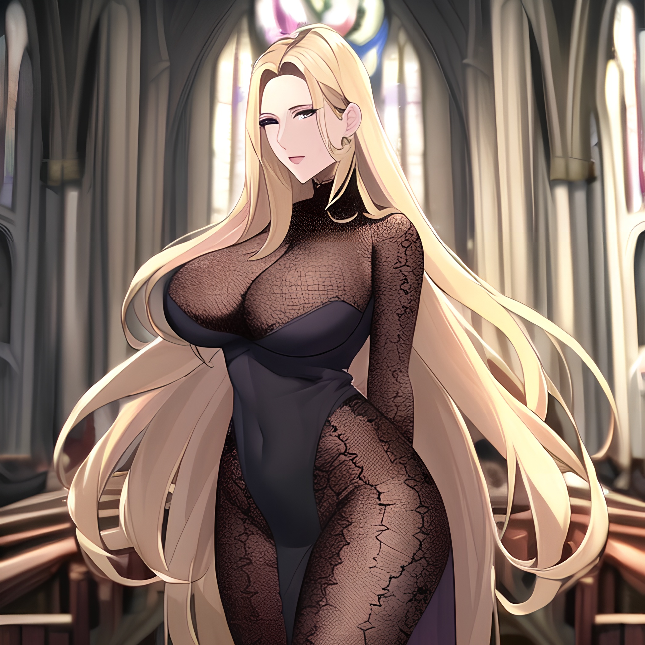 nude fishnet church front view long hair blonde small boobs woman