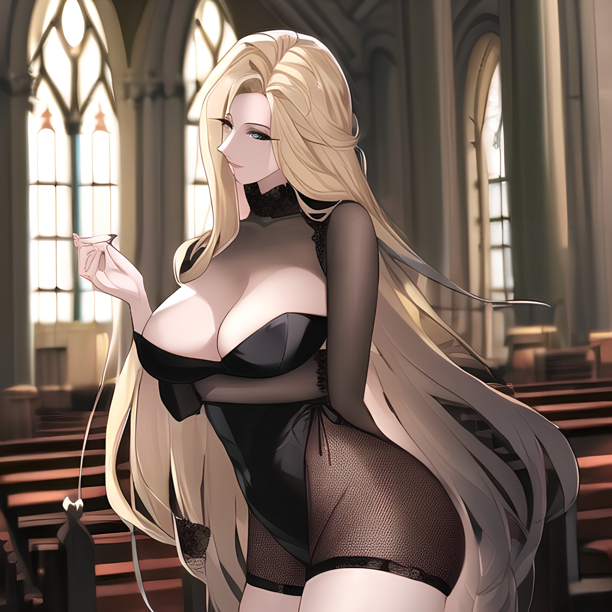 nude fishnet church small boobs long hair woman blonde front view 