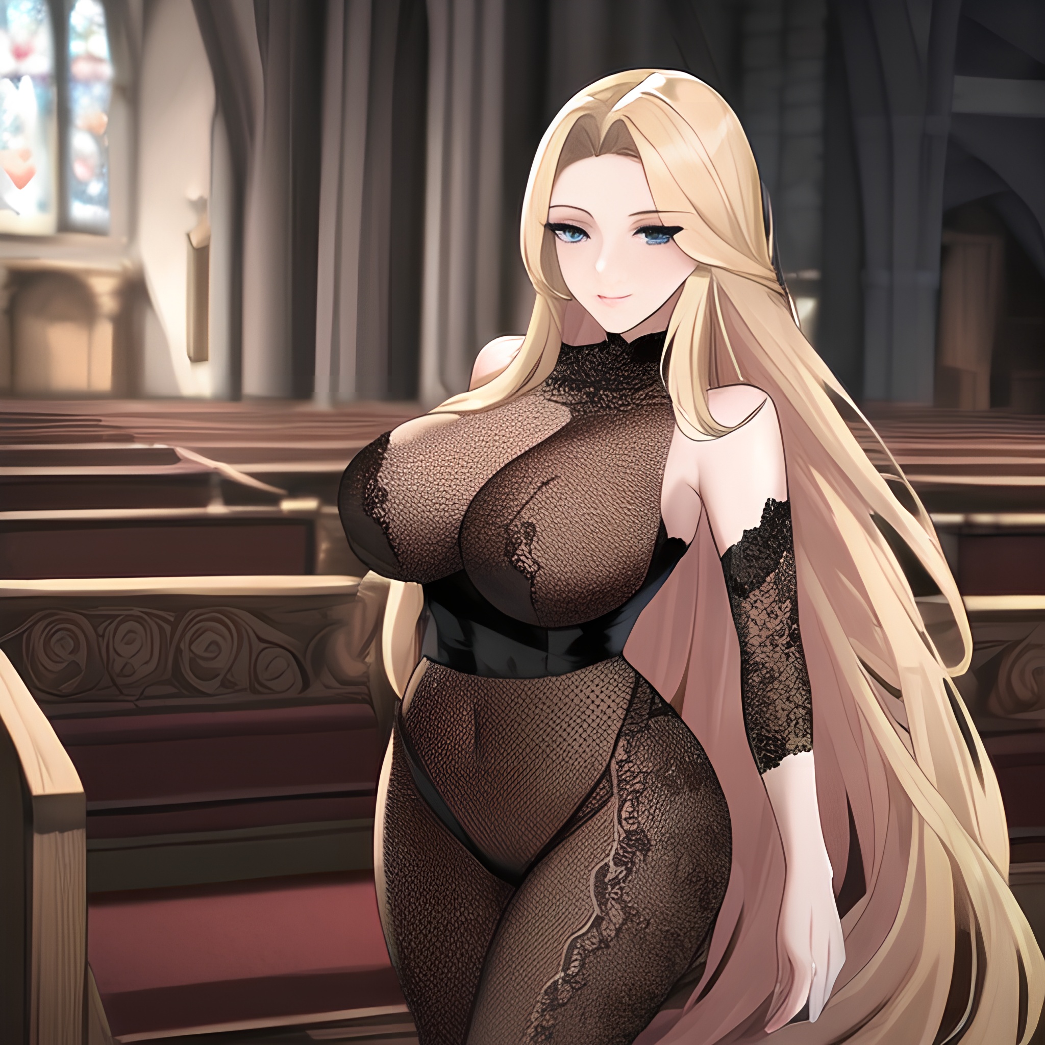 nude fishnet church small boobs woman front view blonde long hair