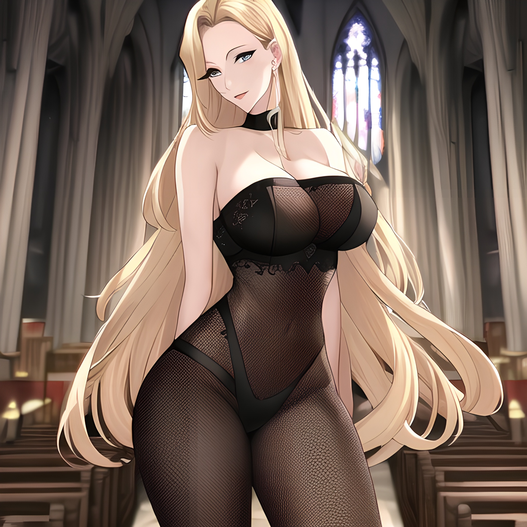 nude fishnet church woman front view small boobs long hair blonde 