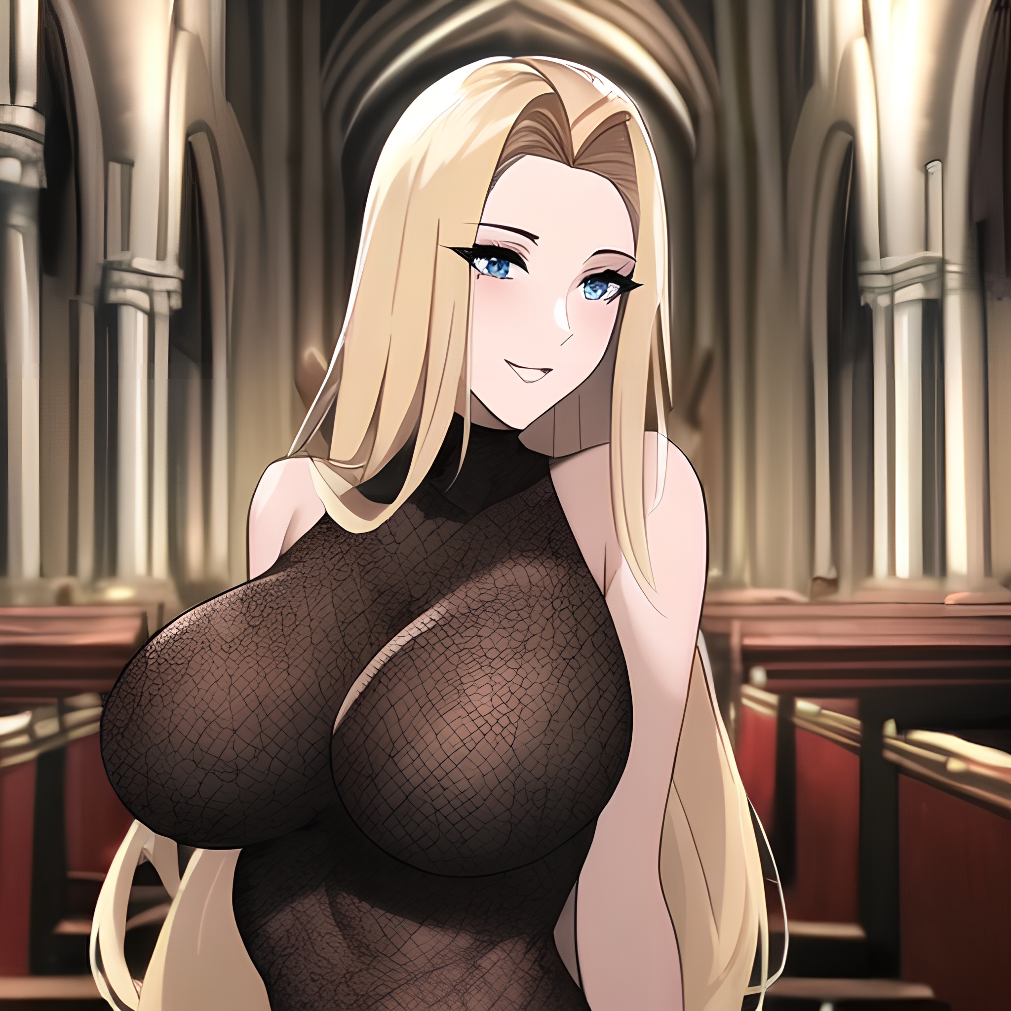 nude fishnet front view long hair blonde church woman small boobs 