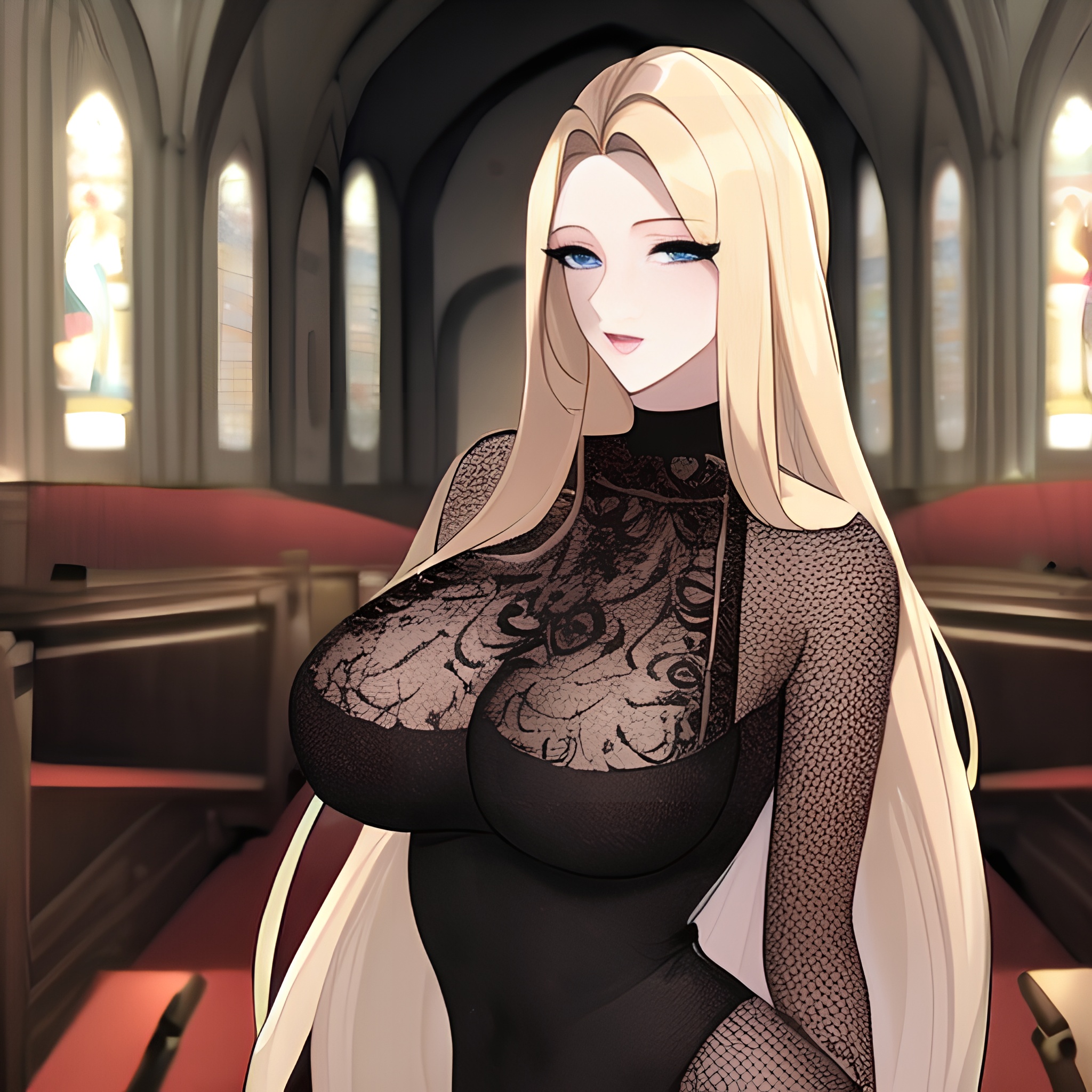 nude fishnet front view long hair woman blonde church small boobs