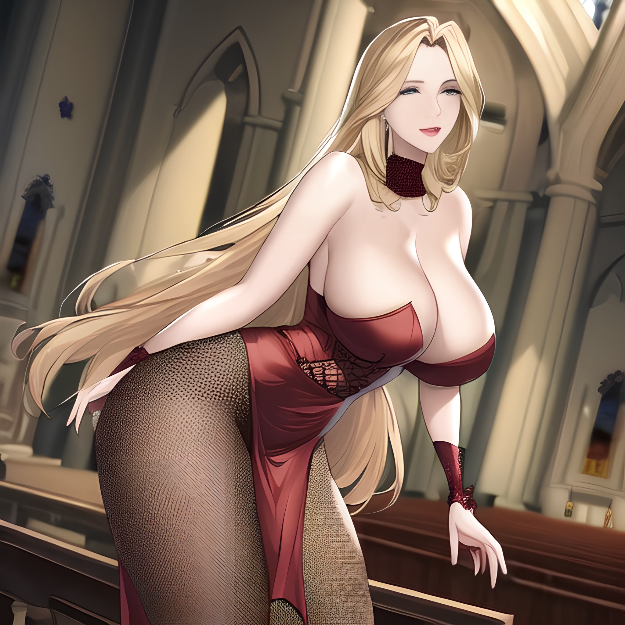 nude fishnet front view woman blonde long hair small boobs church