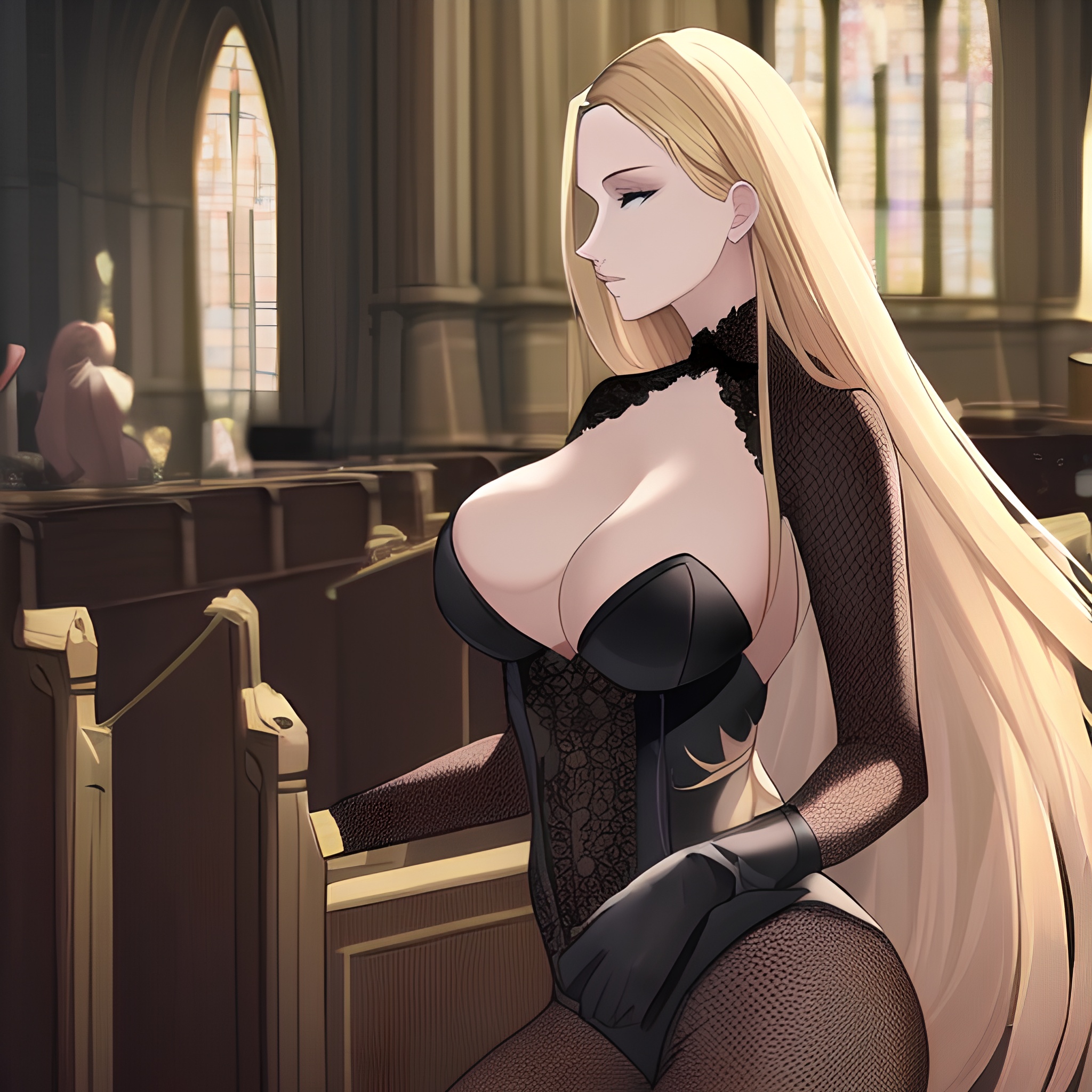 nude fishnet long hair blonde church woman front view small boobs 