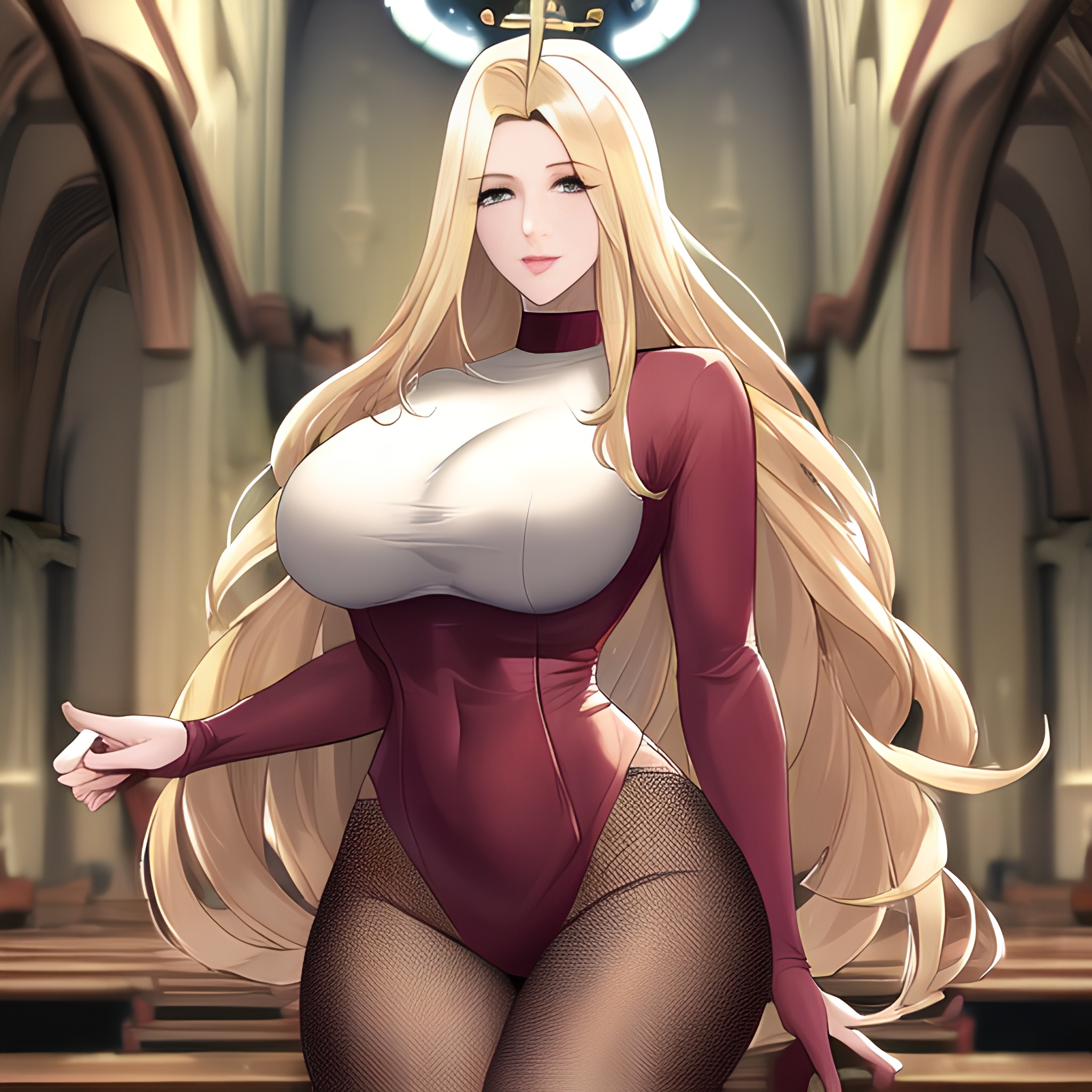 nude fishnet long hair small boobs front view woman church blonde 