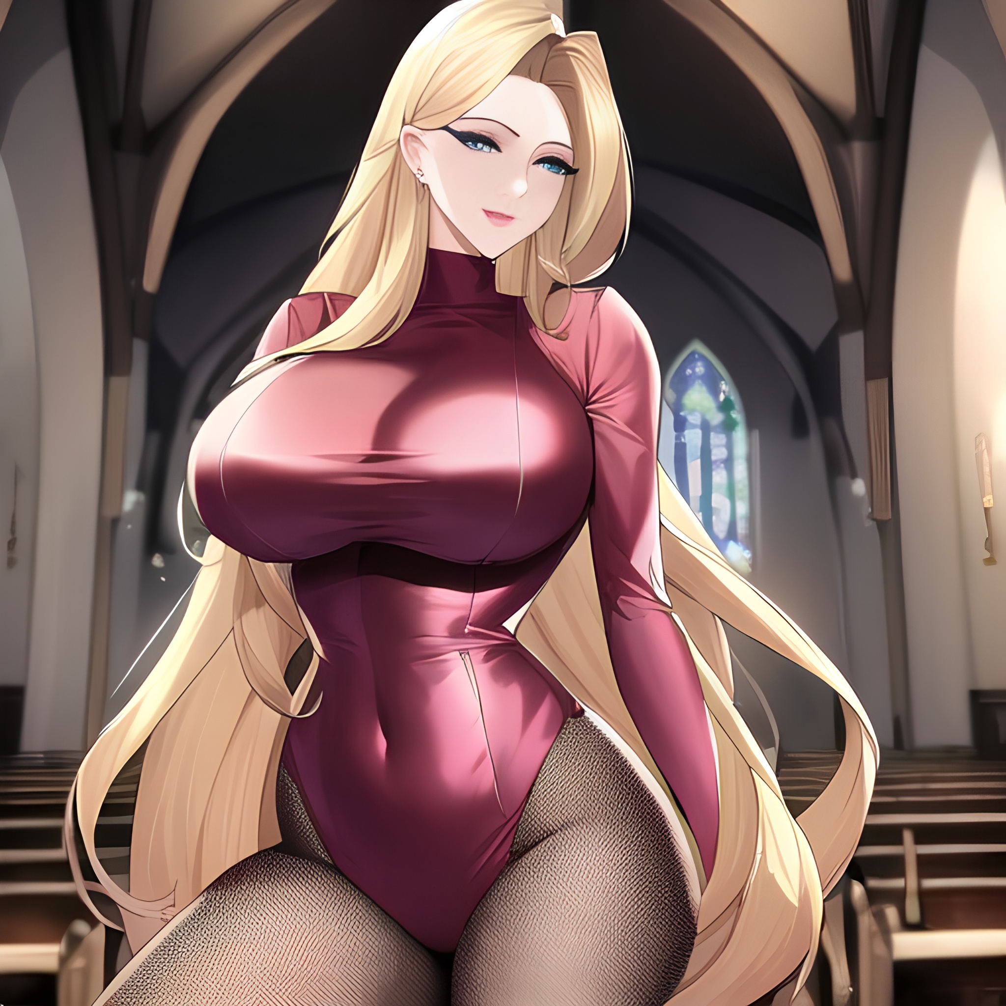 nude fishnet small boobs woman front view church long hair blonde 