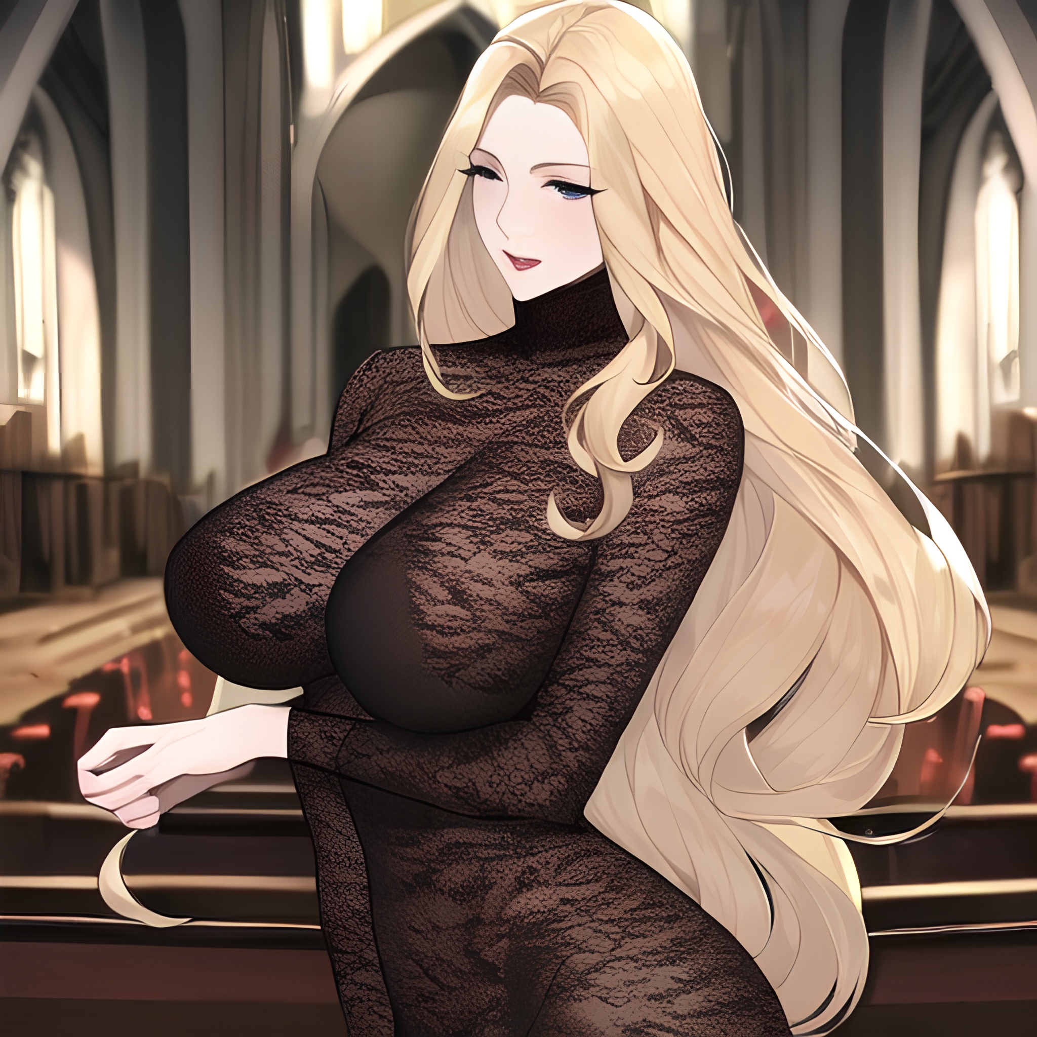 nude fishnet woman church long hair front view small boobs blonde