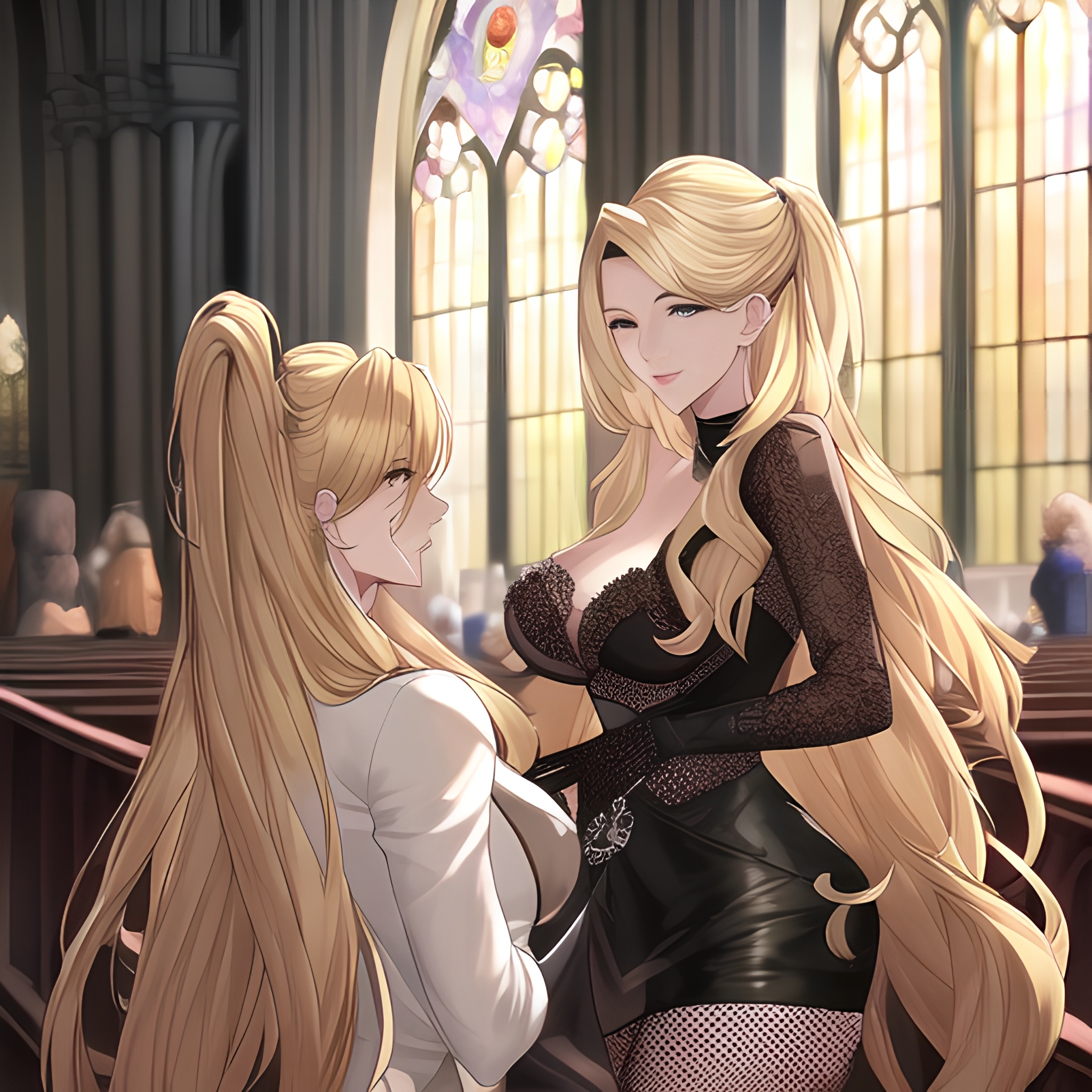 nude fishnet woman long hair blonde front view church small boobs 