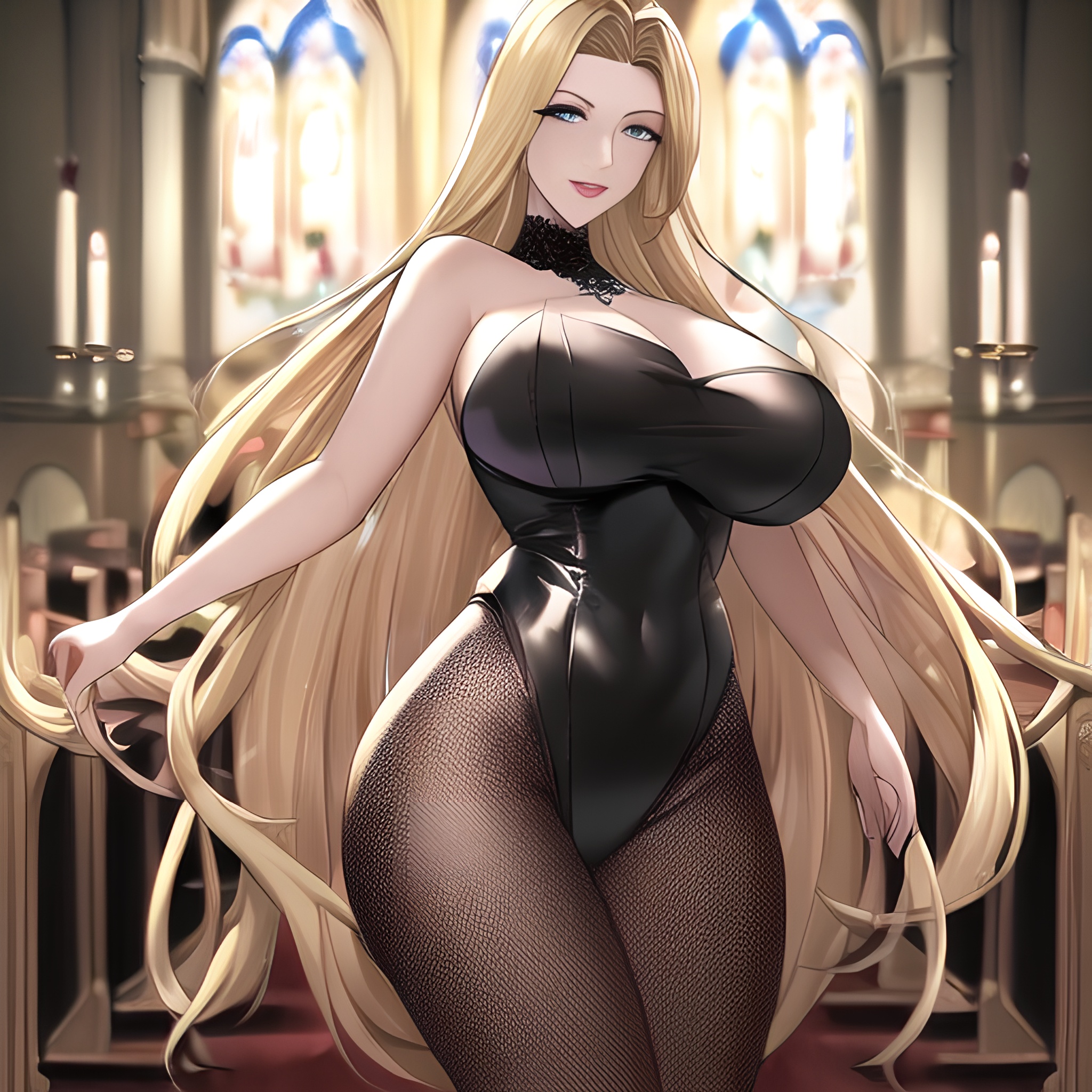 nude fishnet woman small boobs blonde front view church long hair 