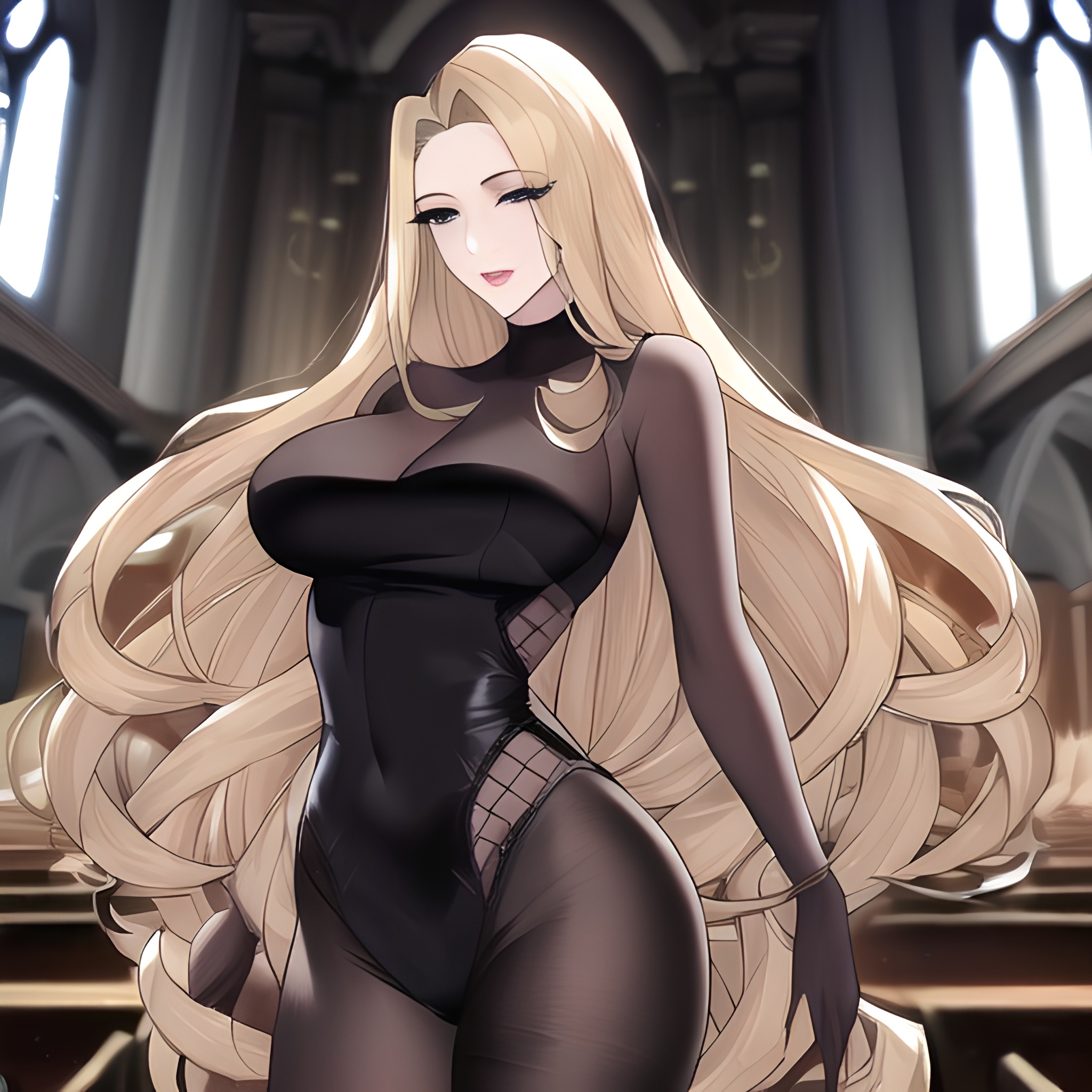 nude front view blonde fishnet church long hair small boobs woman 