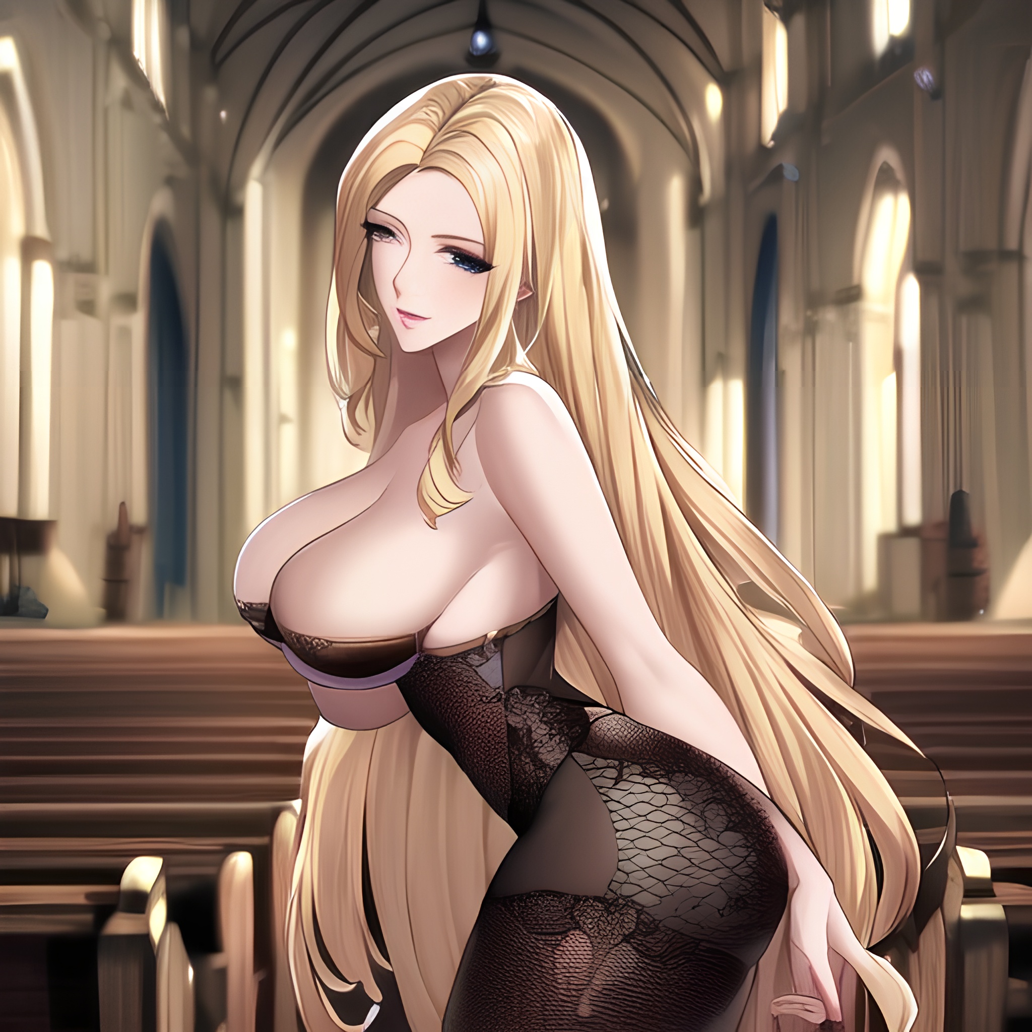 nude front view blonde fishnet long hair woman church small boobs 