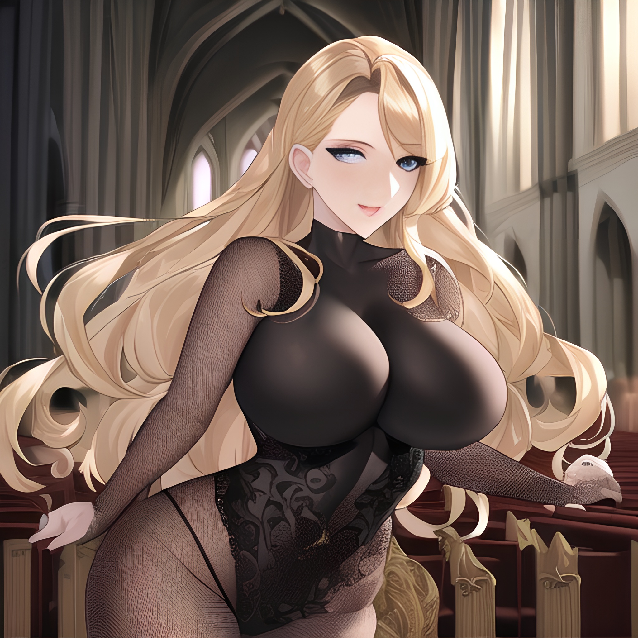 nude front view blonde long hair church woman fishnet small boobs 