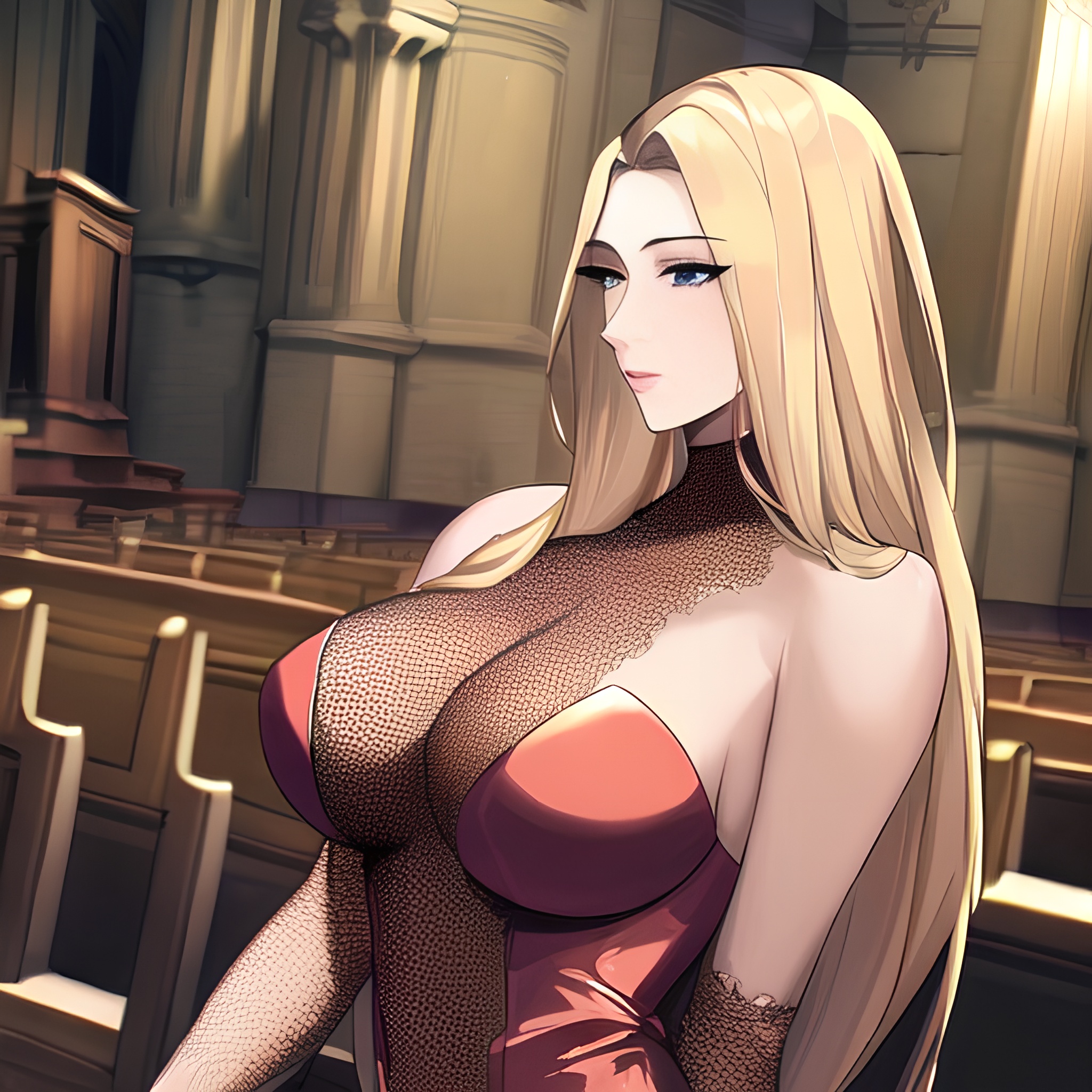 nude front view blonde woman church fishnet long hair small boobs 